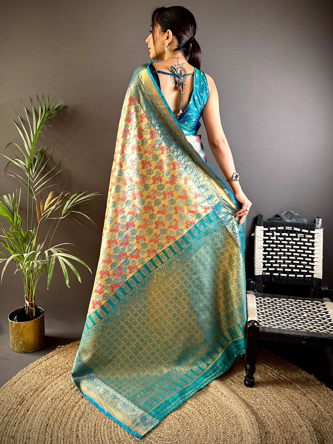 Serene Rama Floral Dharmavaram Silk Saree