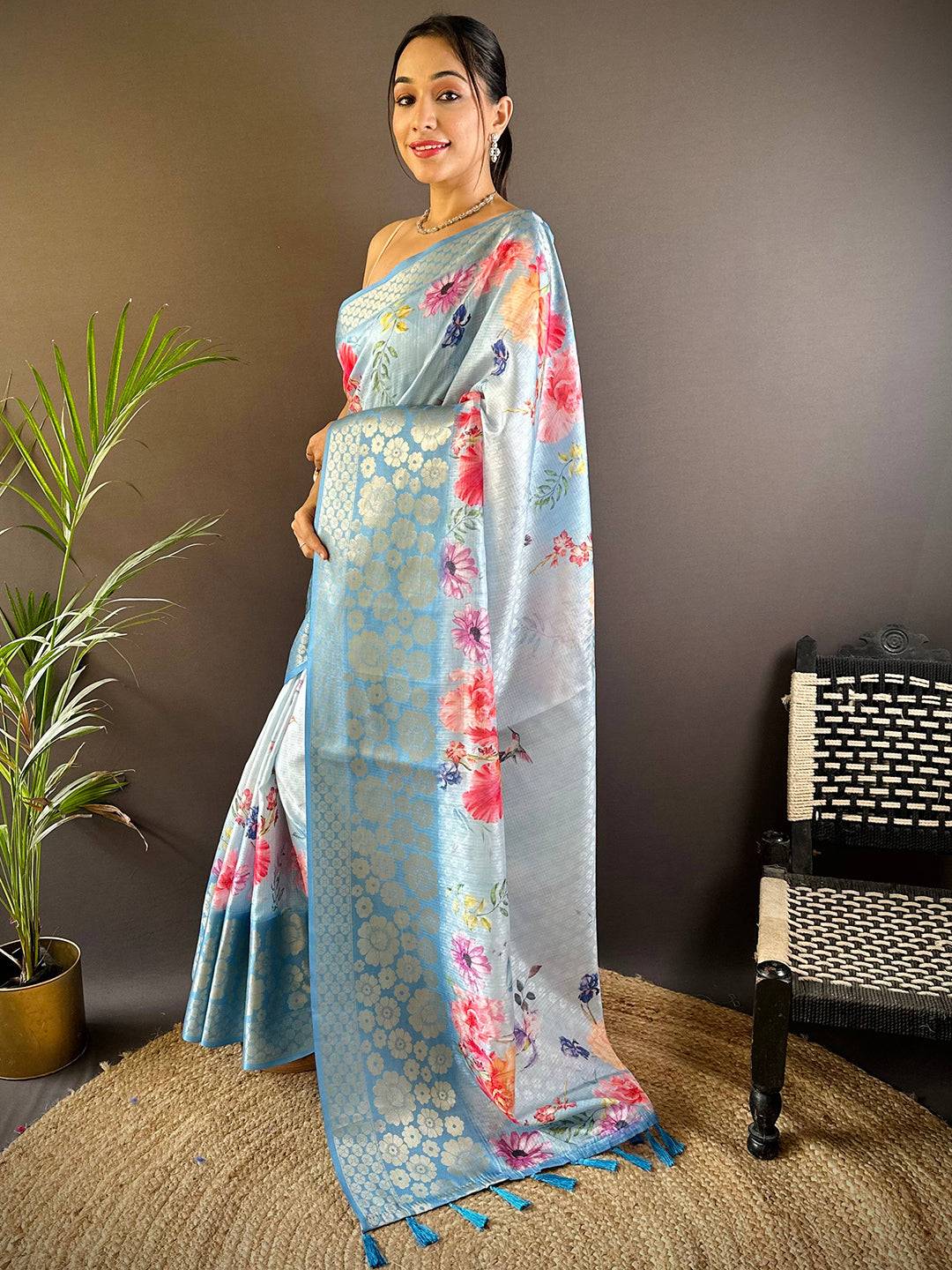 Sky Blue Kota Doriya Zari Floral Kanchi Border Saree