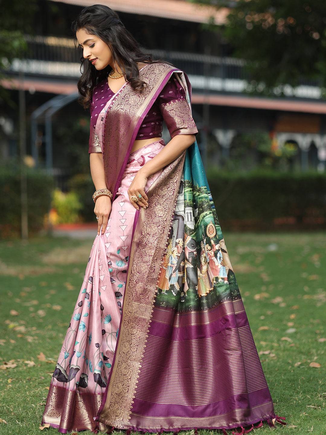 Viscose Dola Silk Pink Saree with Floral and Mughal Print