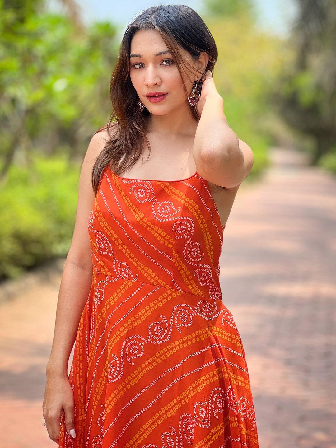 Close-up of Portland Orange Bandhej Print Dress design