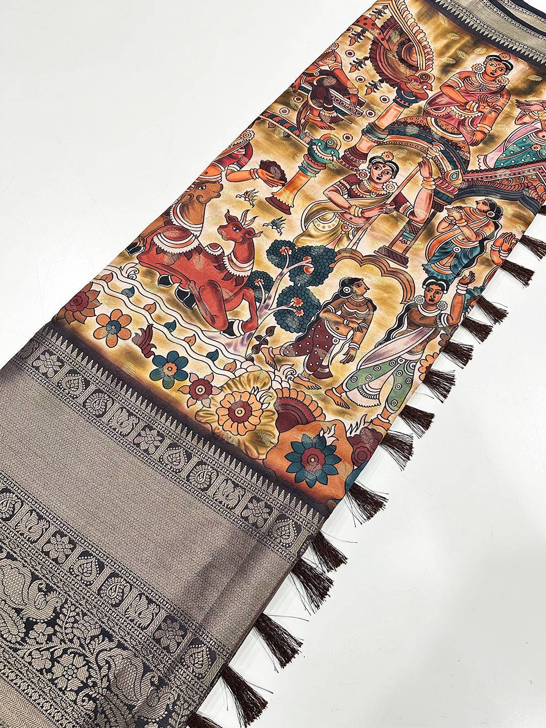 Detailed design on Heritage Bloom Kalamkari Silk Saree