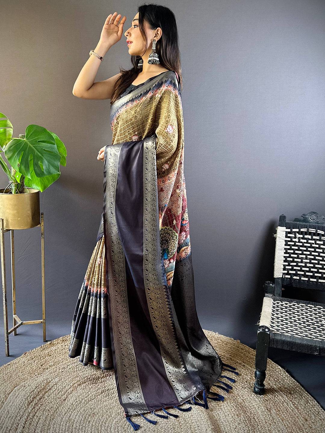 Olive Banarasi Pichwai Print Saree