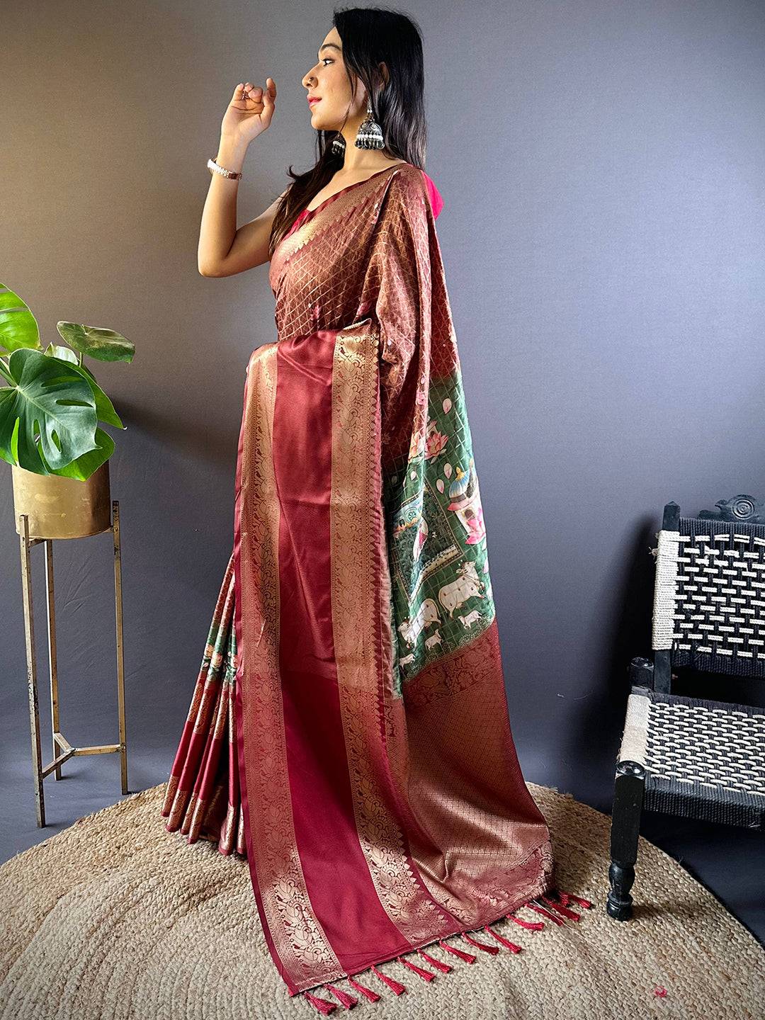 Brown Banarasi Pichwai Print Saree