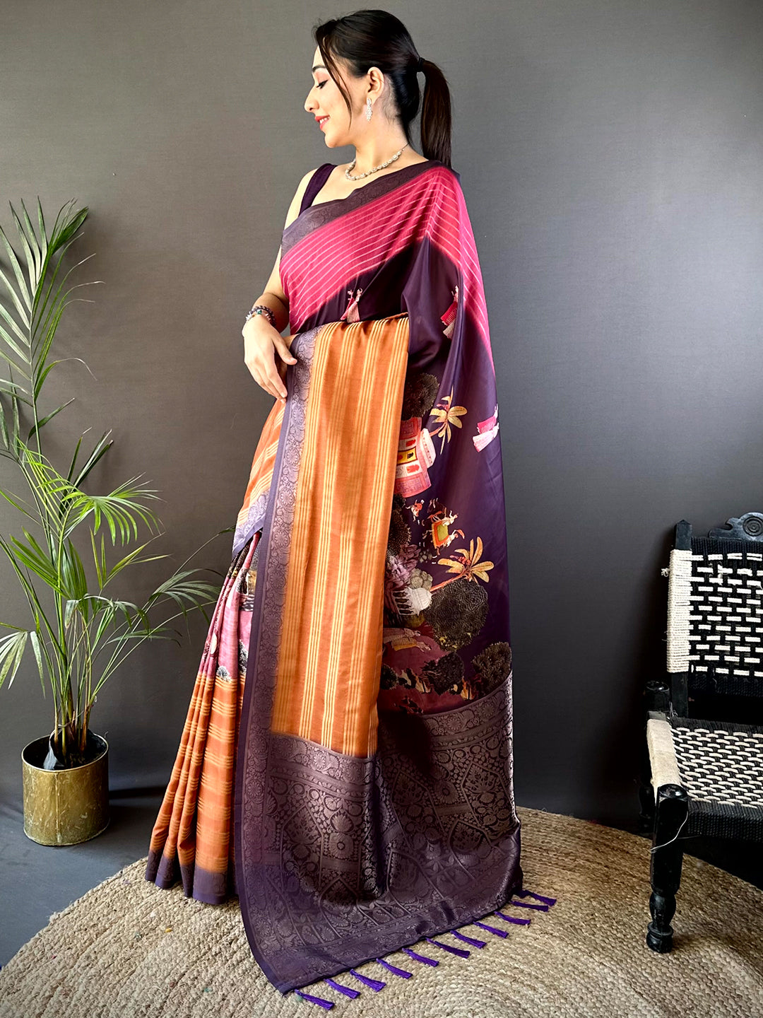 Dark Pink Soft Crep Silk Ombre Print Saree