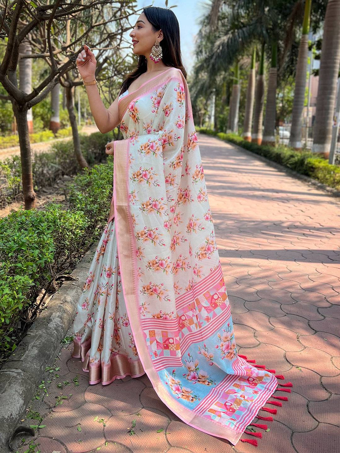 Light Peach Kota With Digital Floral Printd Saree