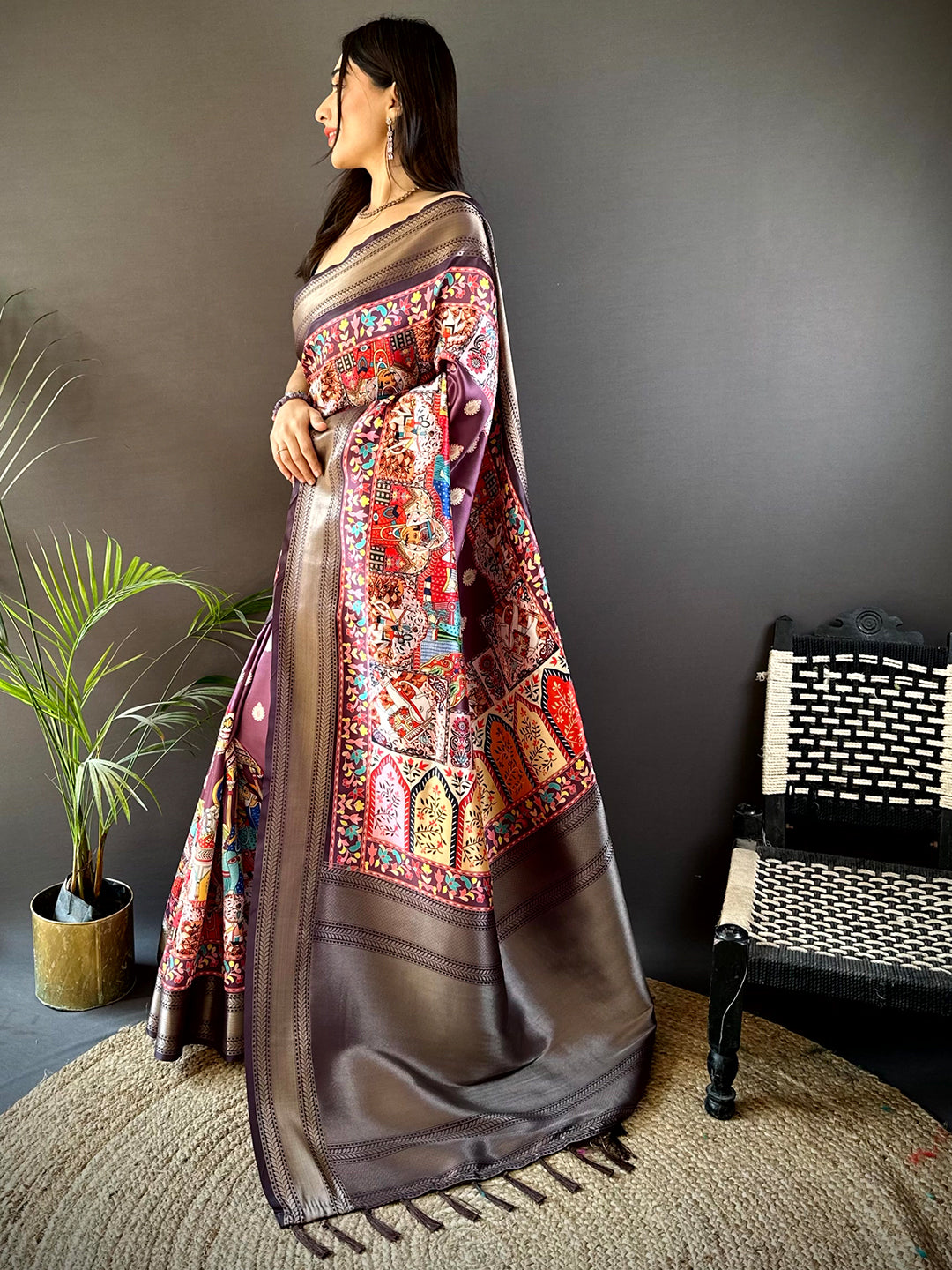 Wine Mughal Kalamkari Print Pashmina Saree