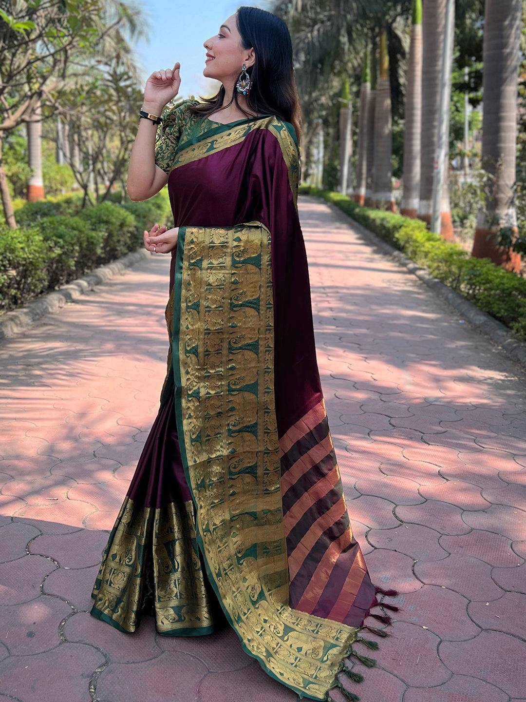 Aura Soft Silk Wine Colour Saree With Self Weaving Broced Blouse