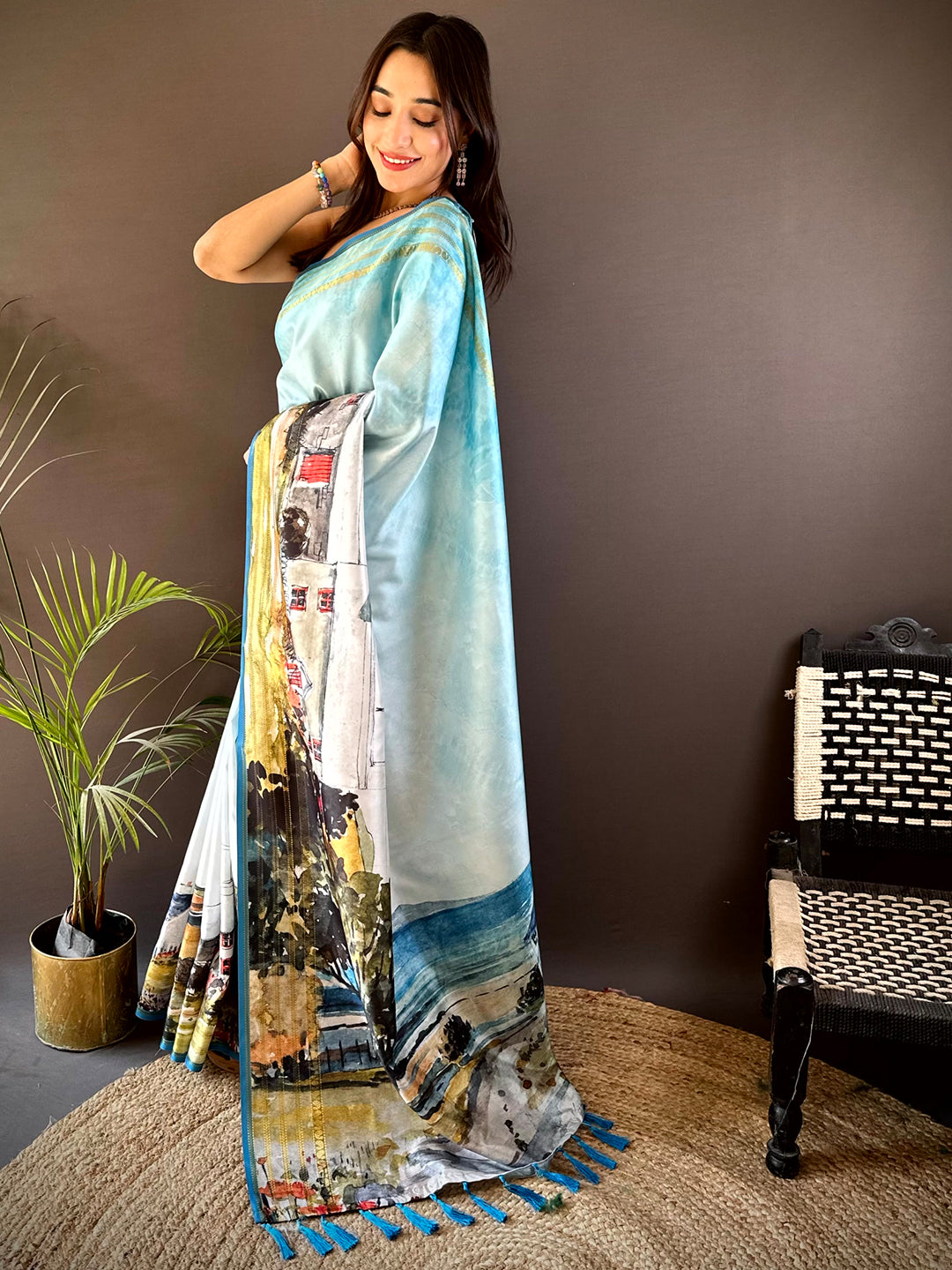 Sky Blue Japanese Freehand Digital Print Saree