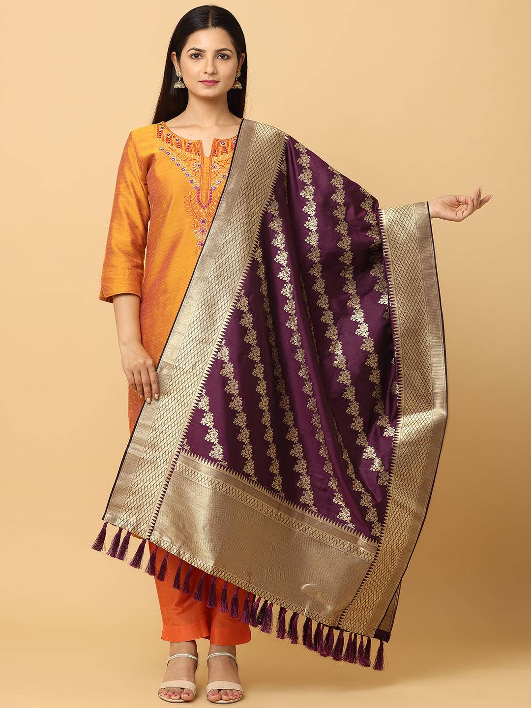 Wine colour woven design dupatta with resham tassels