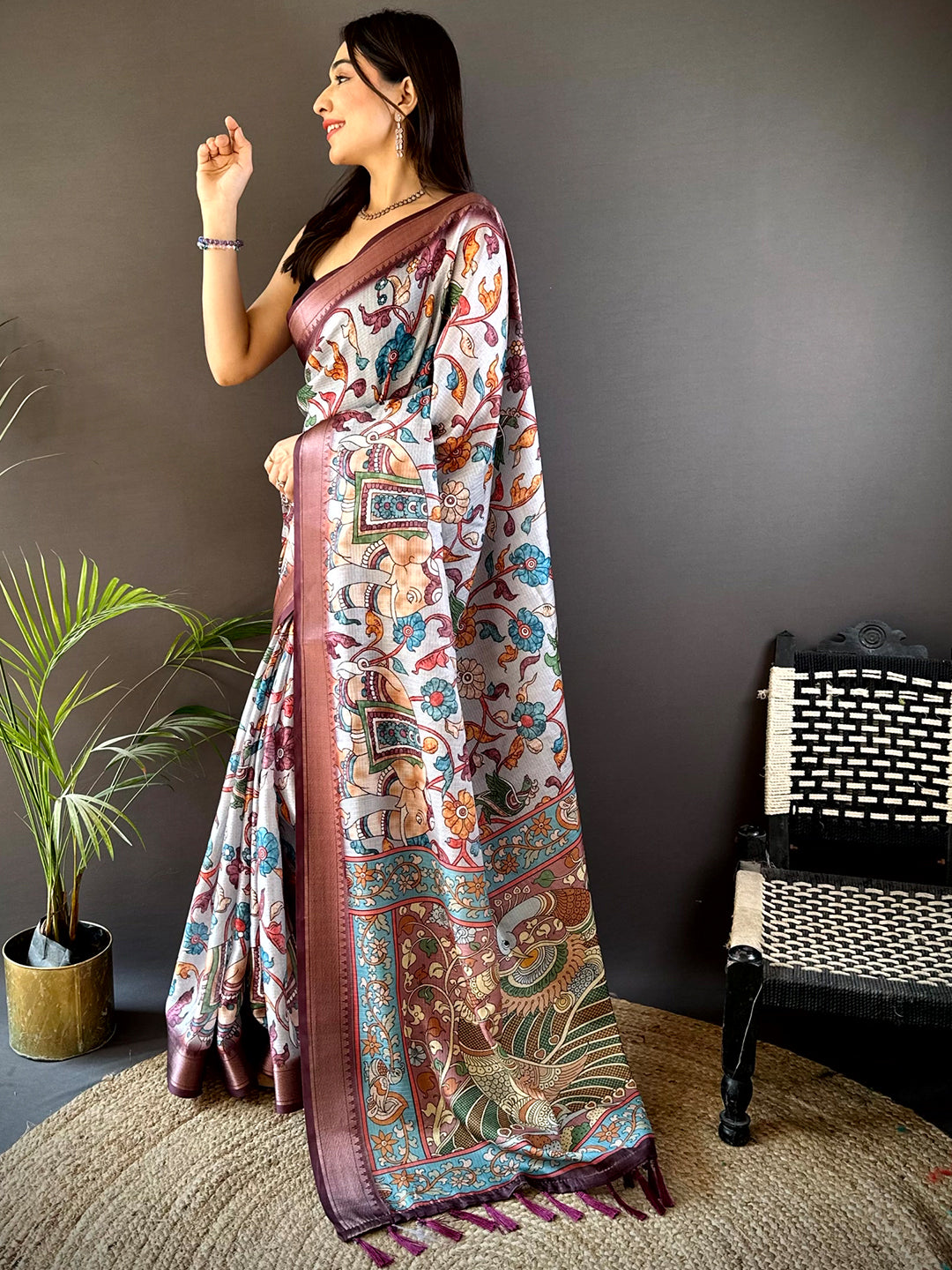 Grey Kota Doriya Floral Kalamkari Print Saree