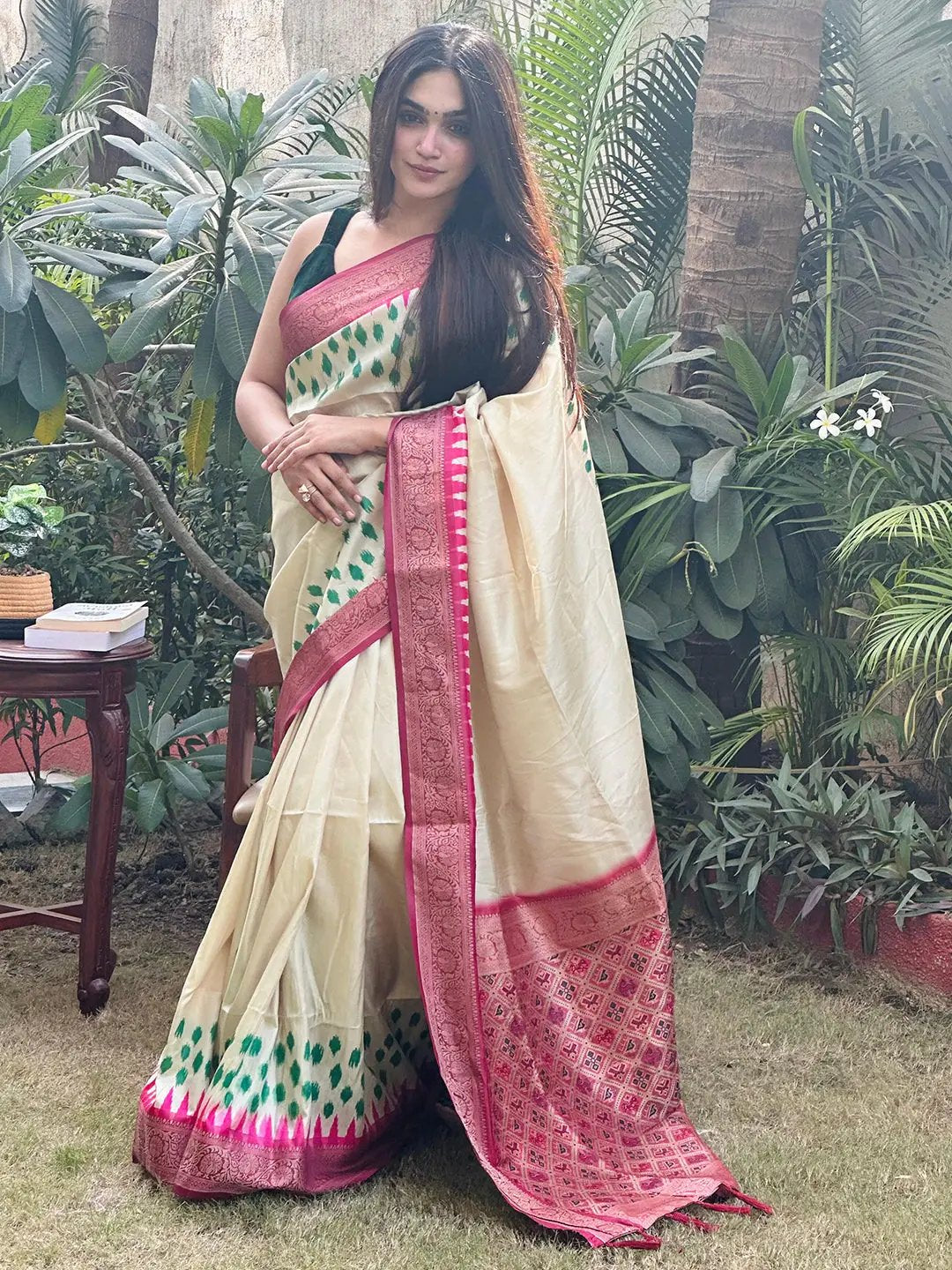 Traditional cream Banarasi silk saree, pink Patola pallu