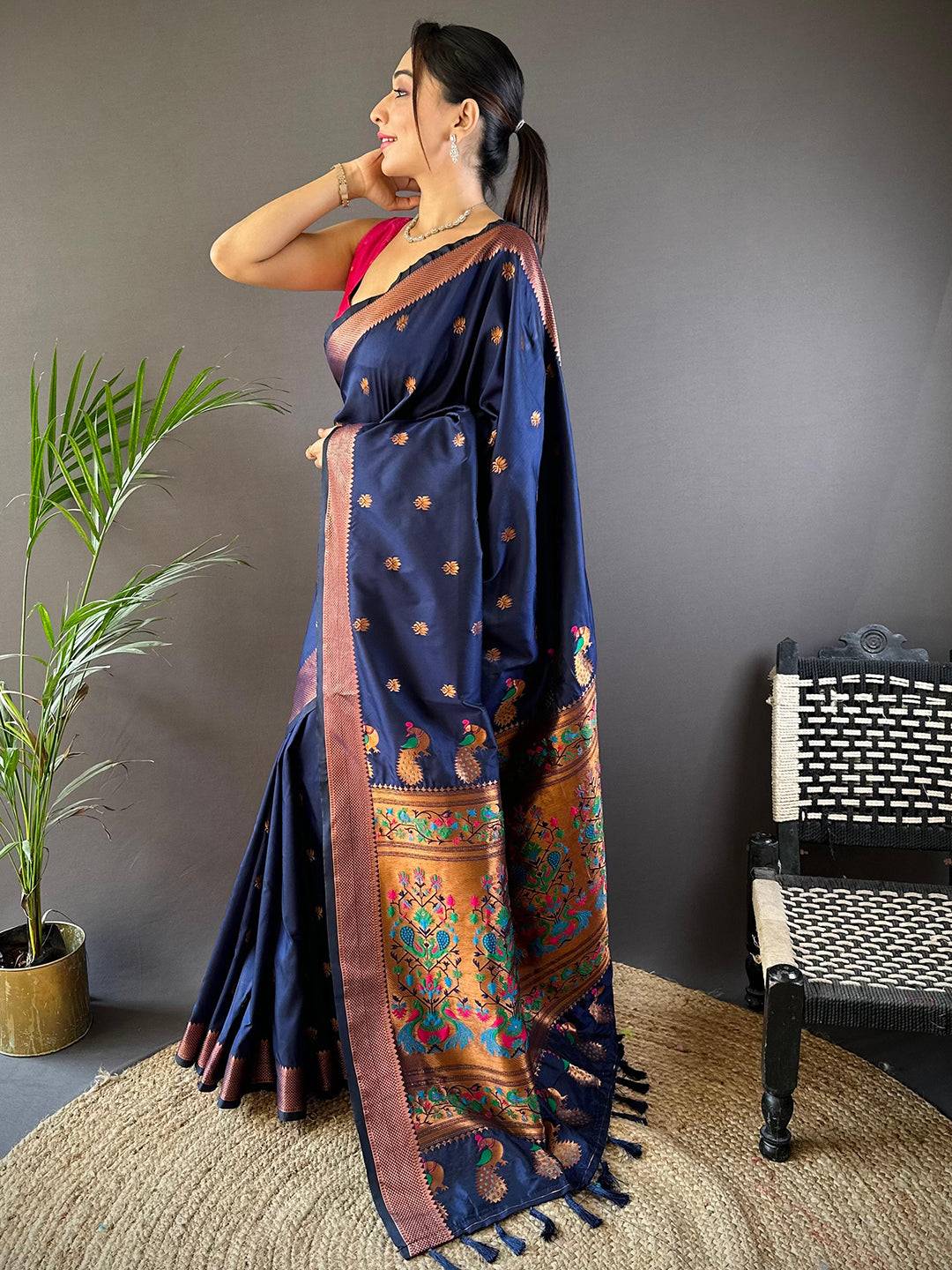 Copper Allure Soft Silk Navy Blue Saree