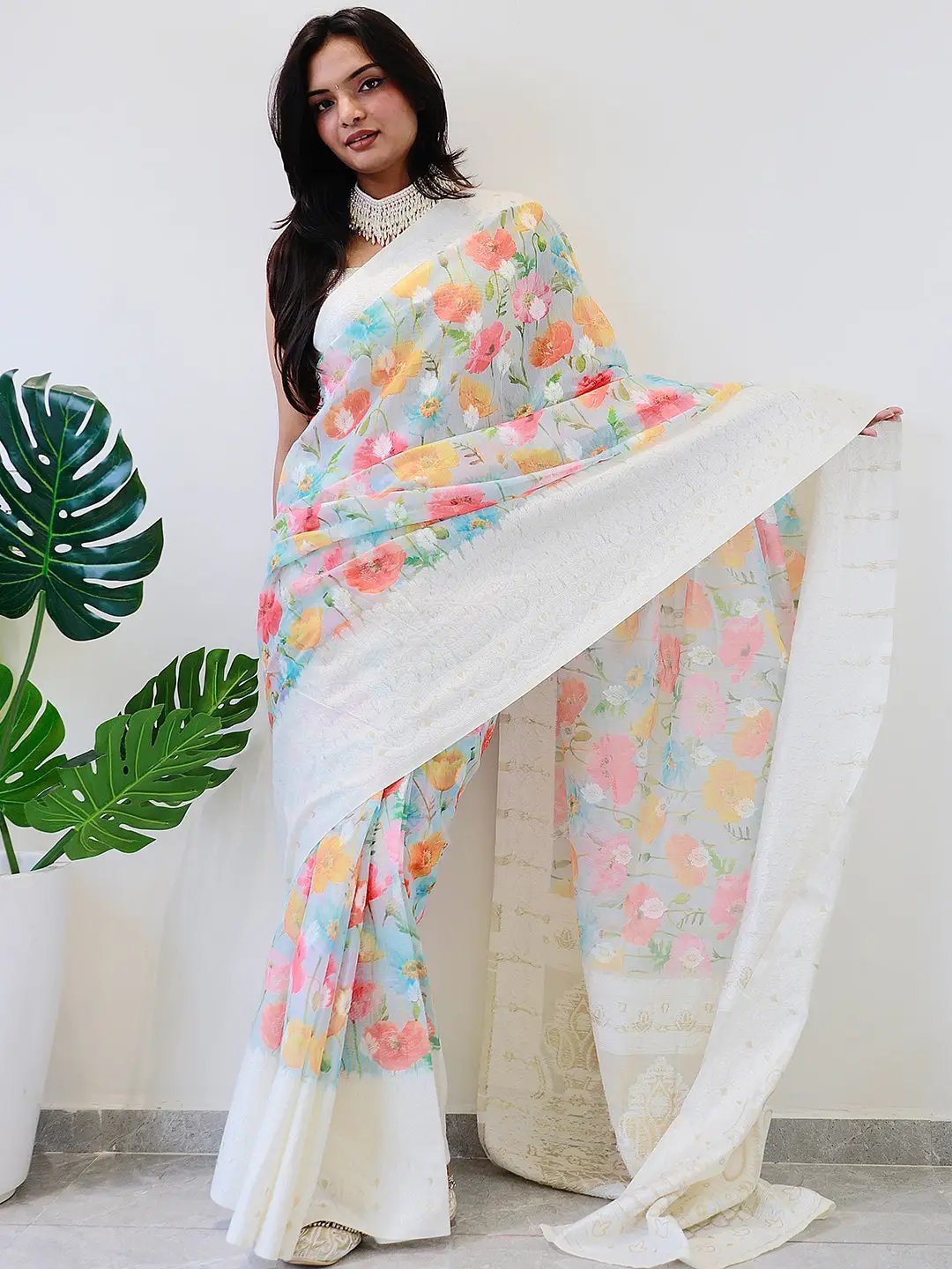 Multi Colour Digital Print Bollywood Saree with floral design