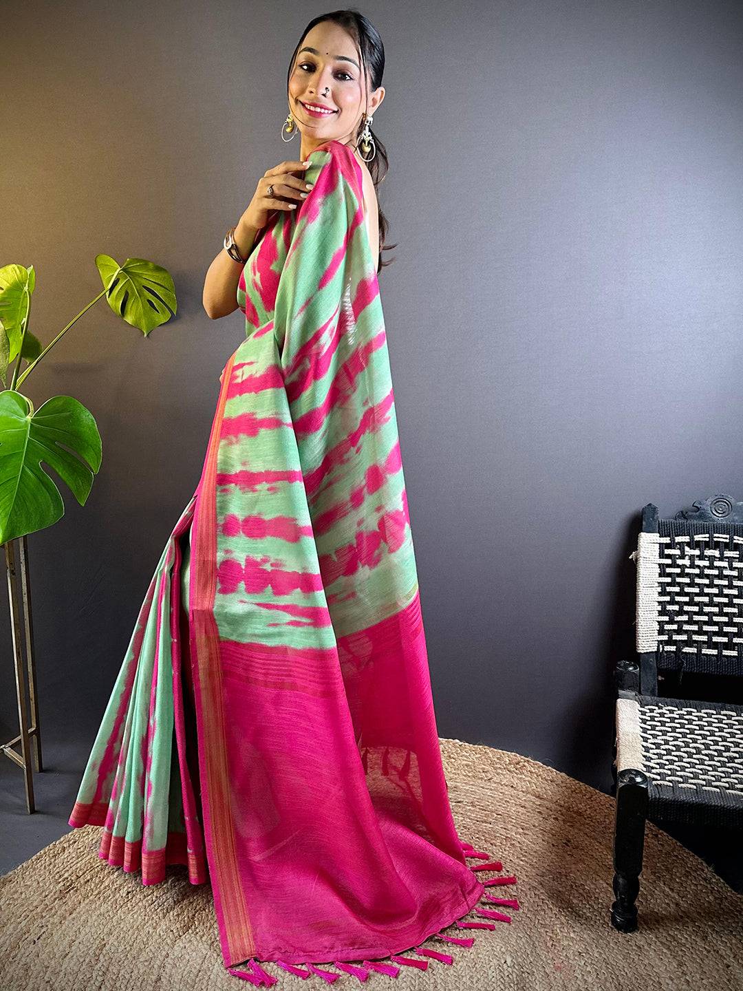 Pista Shibori Print Linen Saree