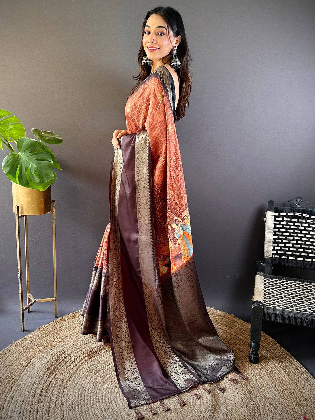 Rust Banarasi Pichwai Print Saree