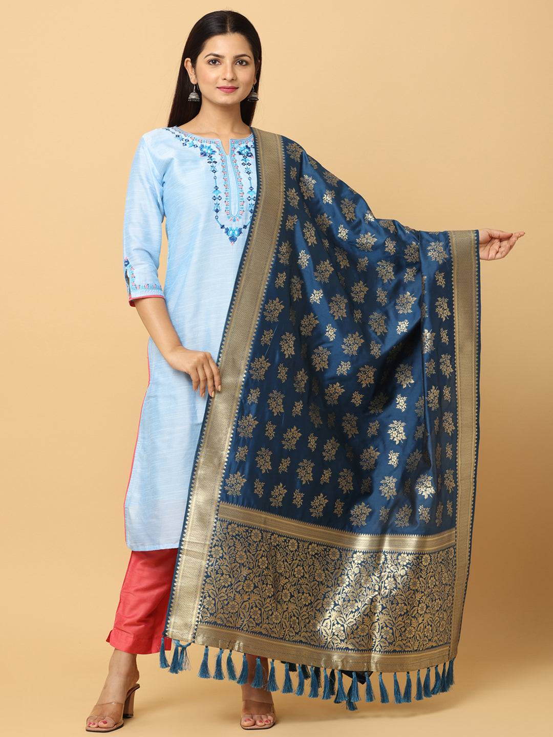 Teal silk blend dupatta with resham tassels, floral design