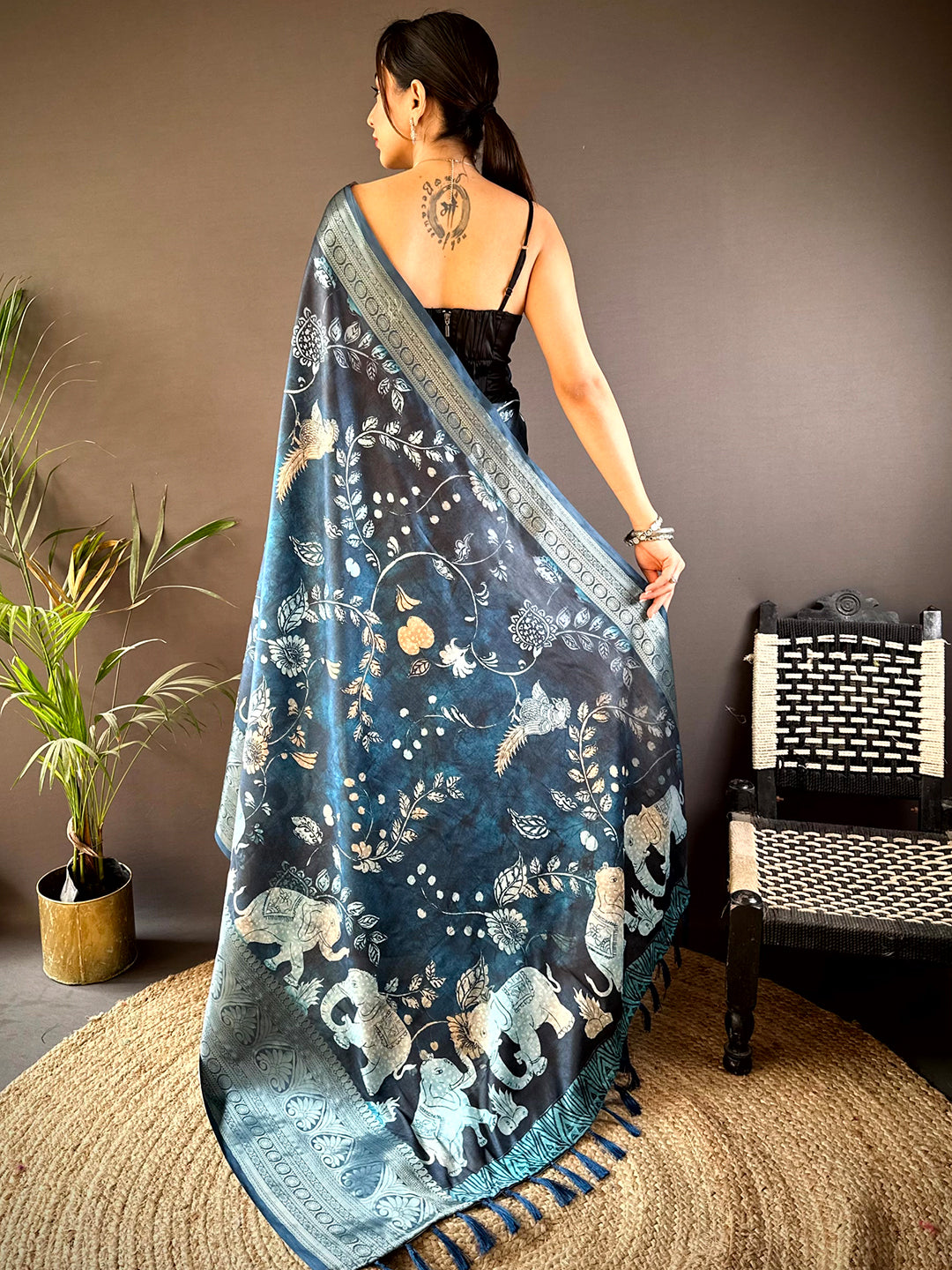 Blue Soft Silk Animal Bandhej Saree