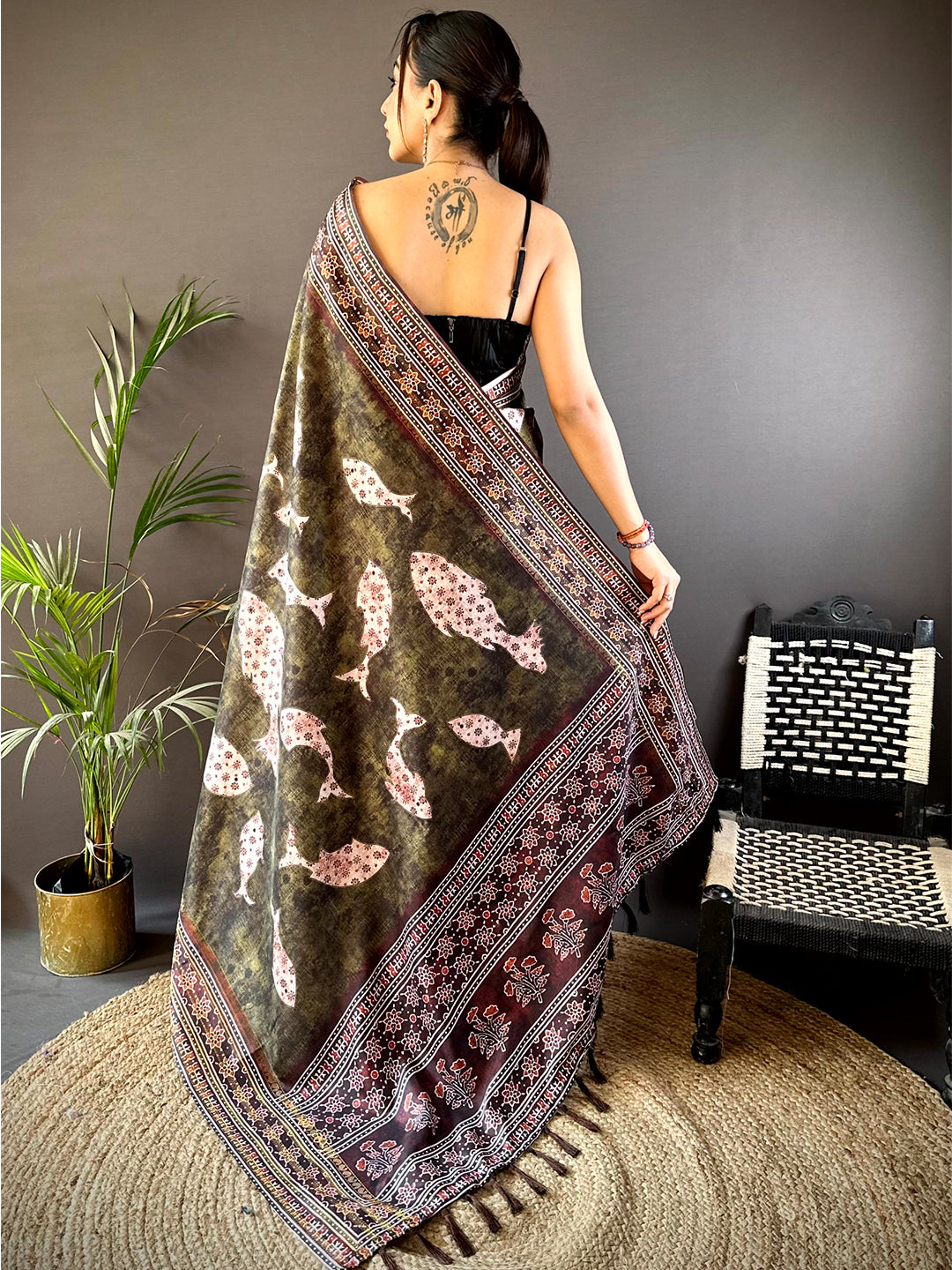 Dark Brown Soft Silk Fish Kalamkari Saree