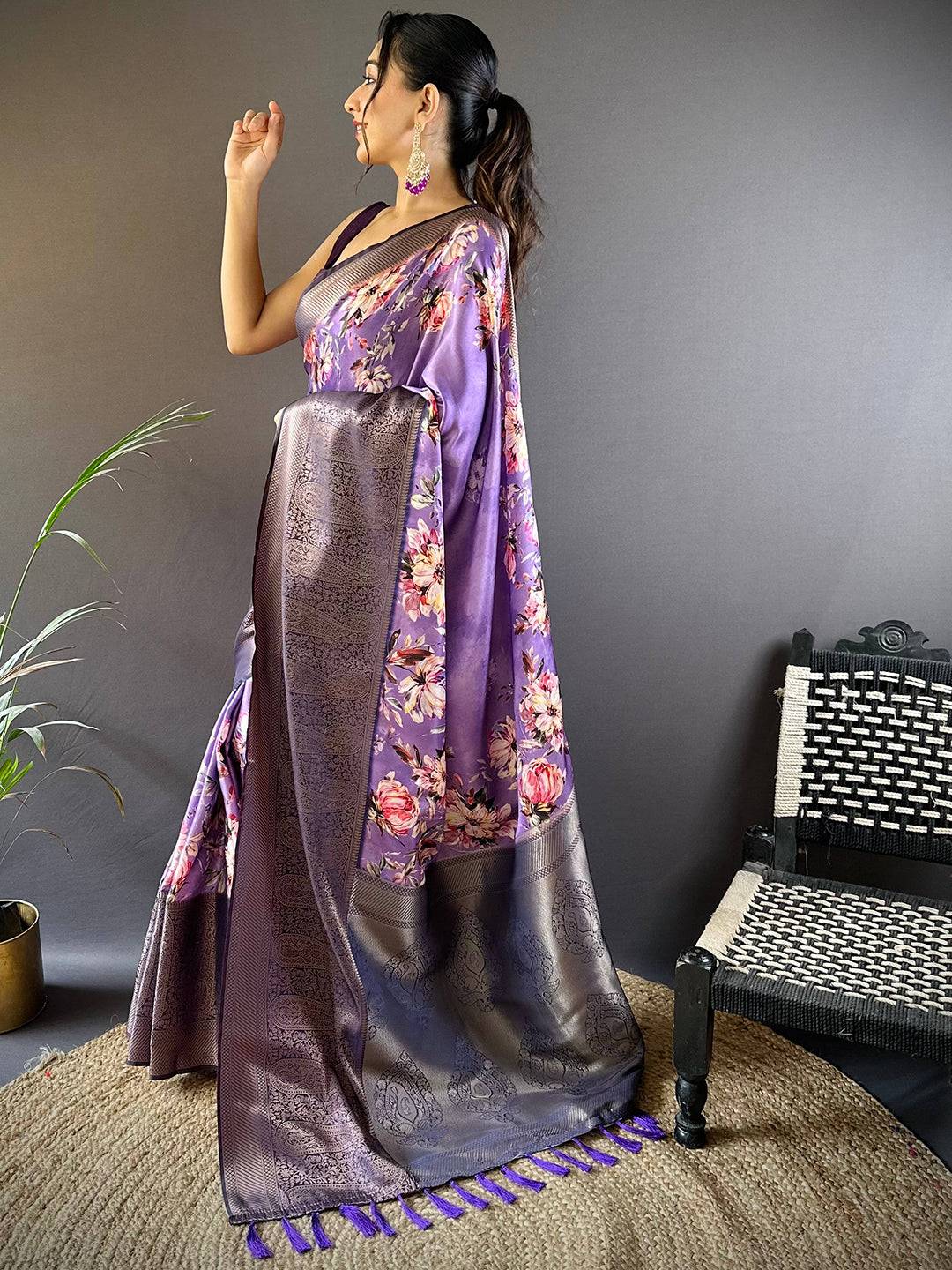 Orchid Purple Satin Silk Floral Print Saree