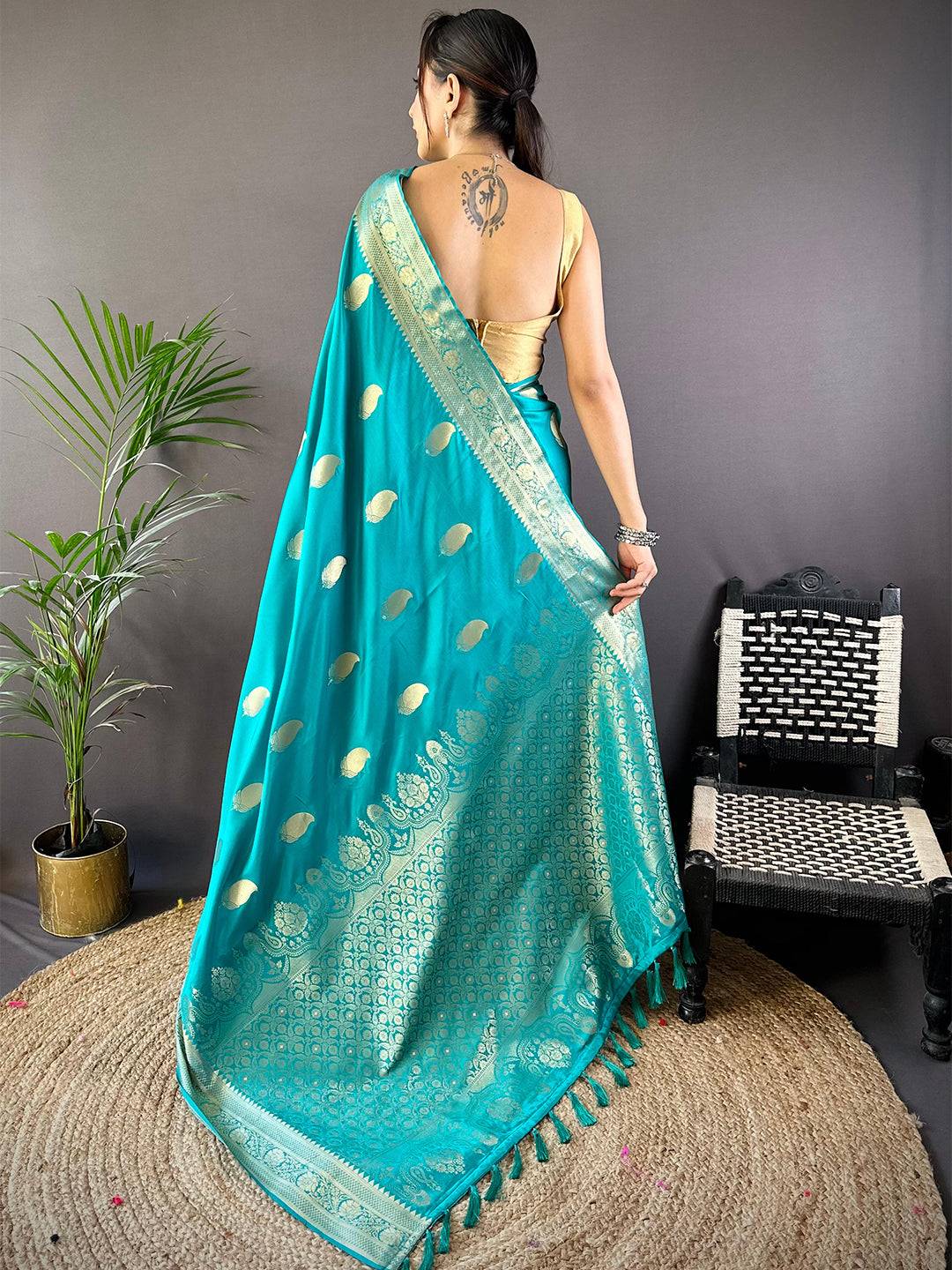 Aqua Banarasi Soft Satin Masru Mango Silk Saree