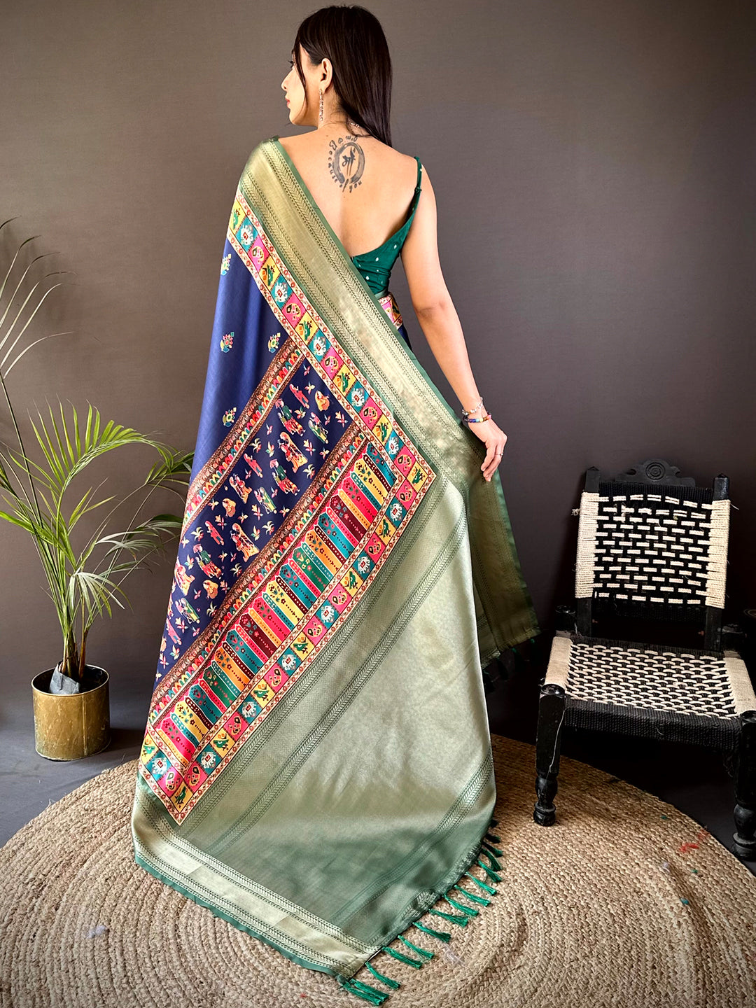 Dark Blue Mughal Kalamkari Print Pashmina Saree