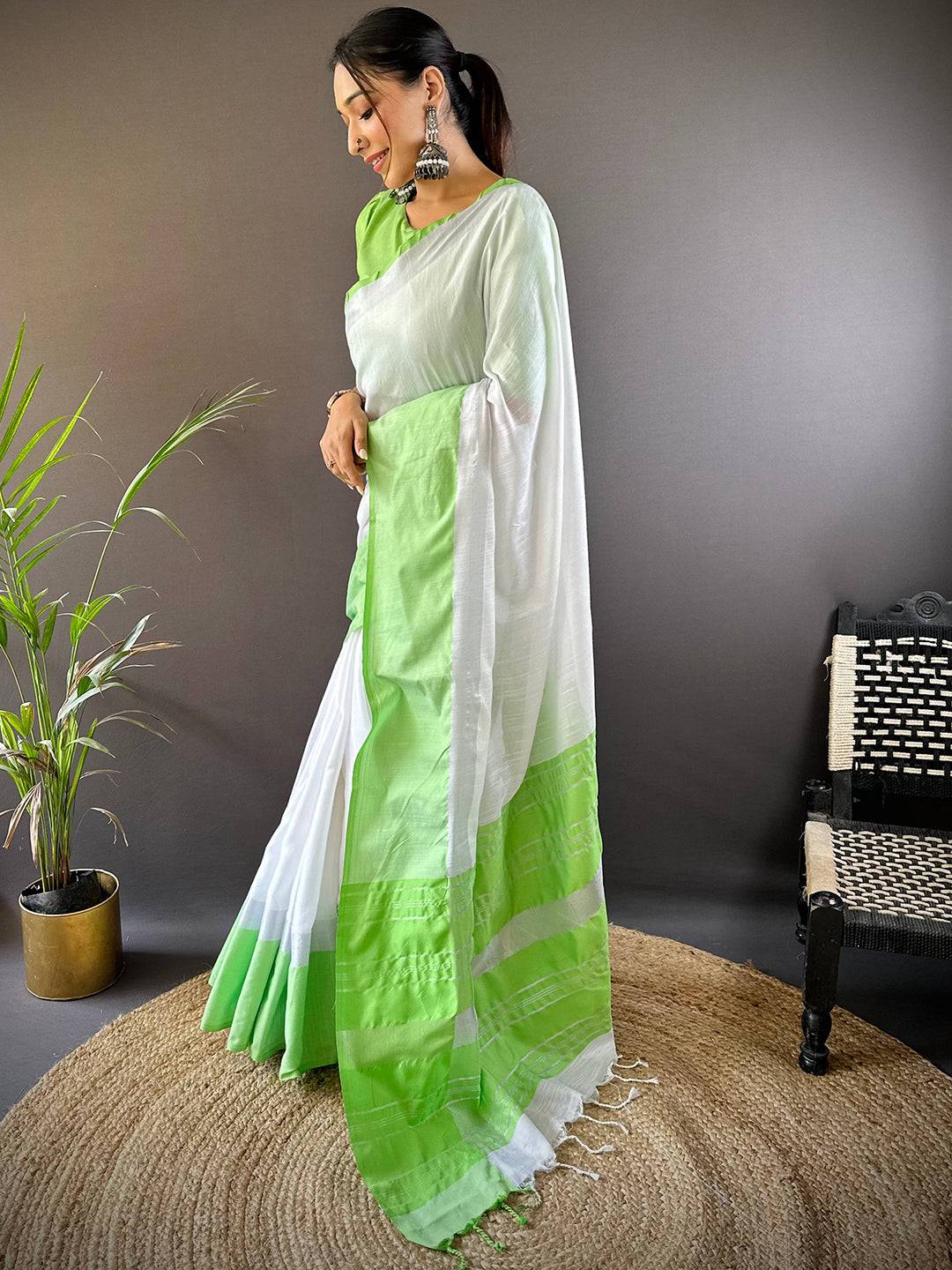 Bhagalpuri Linen Saree With Light Green Small Patti