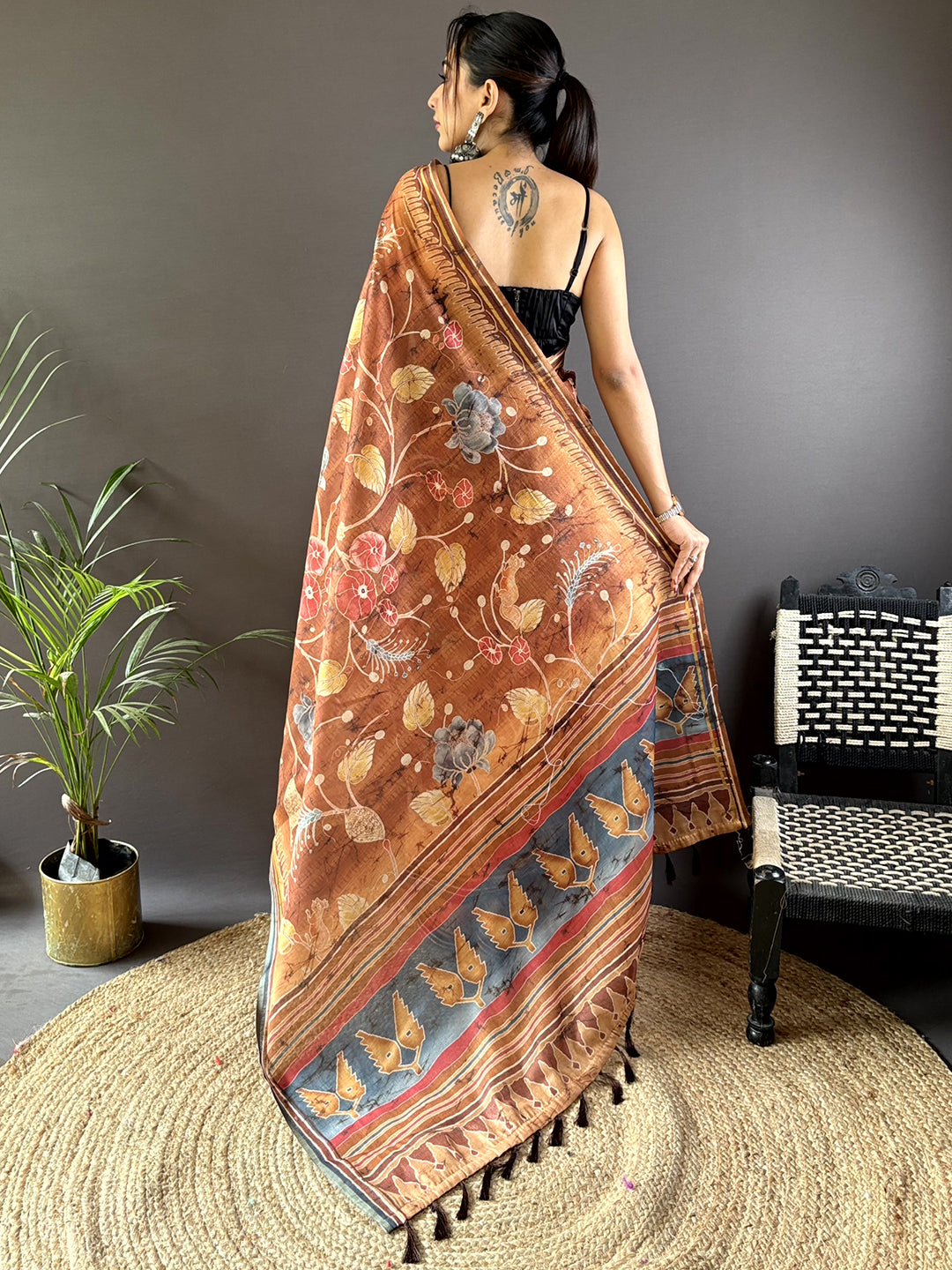 Copper Brown Tissue Chanderi Kalamkari Saree