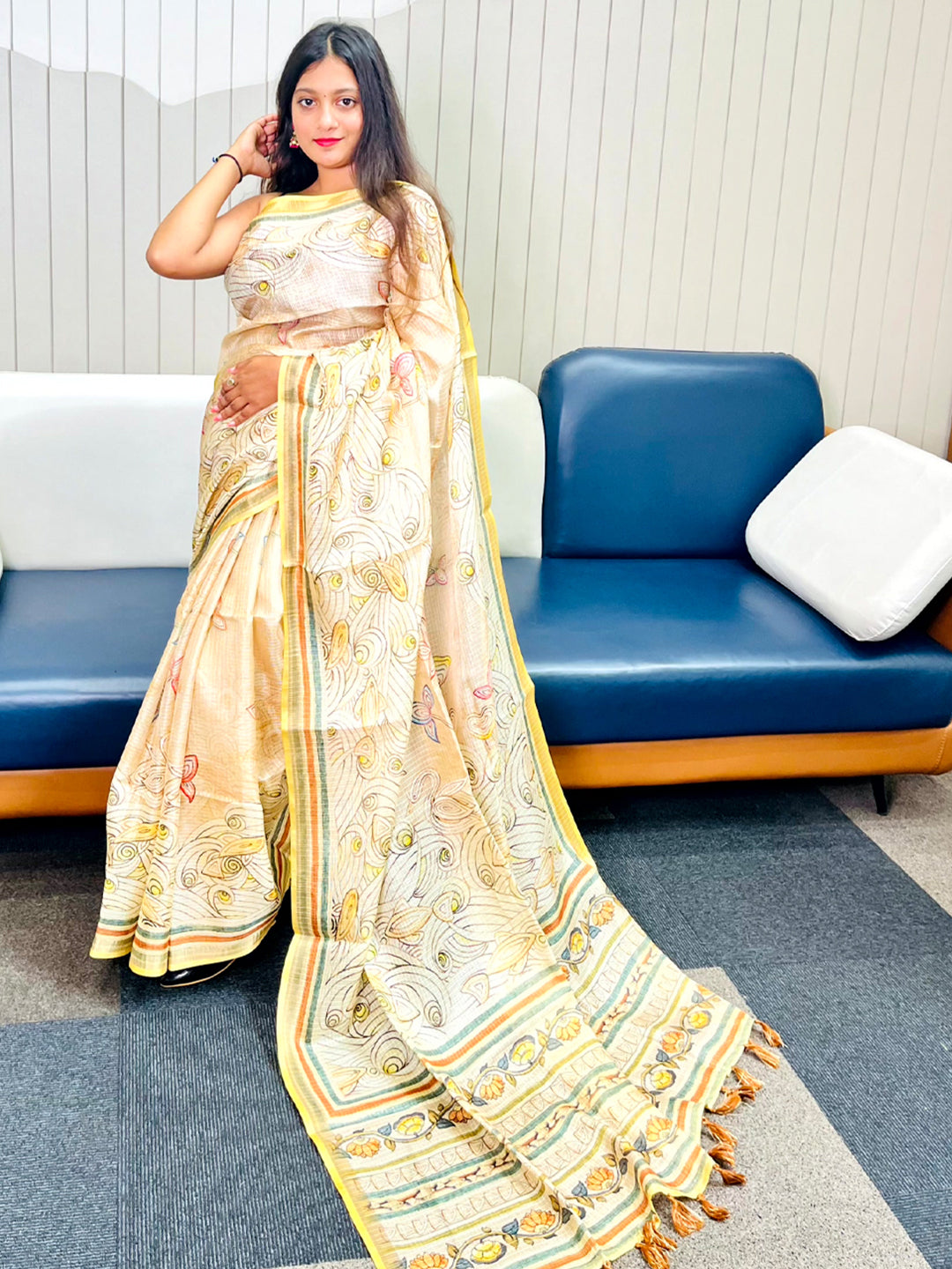 Yellow Kota Doriya Silk Saree With Floral Kalamkari Print
