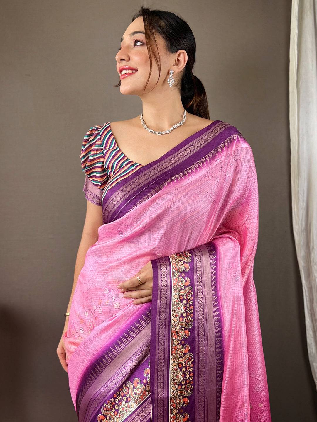 Dahlia Pink Kota Satin Border Saree