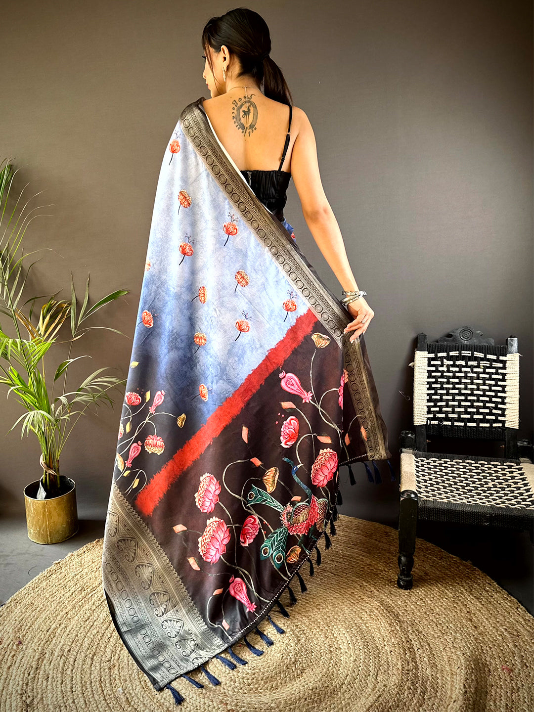 Serene Blue Soft Silk Floral Ombre Print Saree