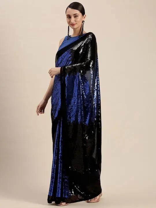 Poly Georgette Dark Blue Colour Embellished Sequinned Saree