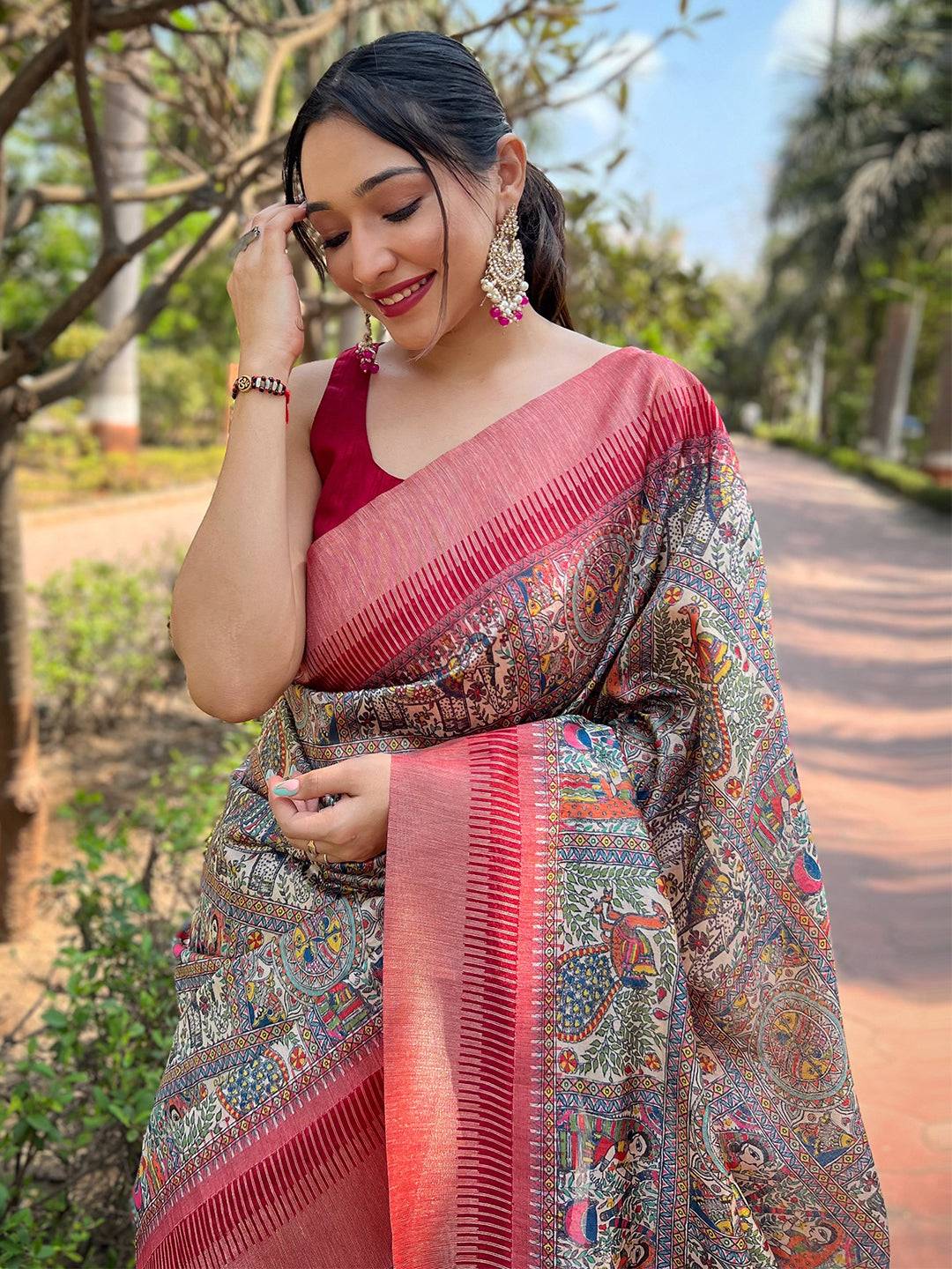 Close-up of Madhubani Kalamkari Block Print on saree