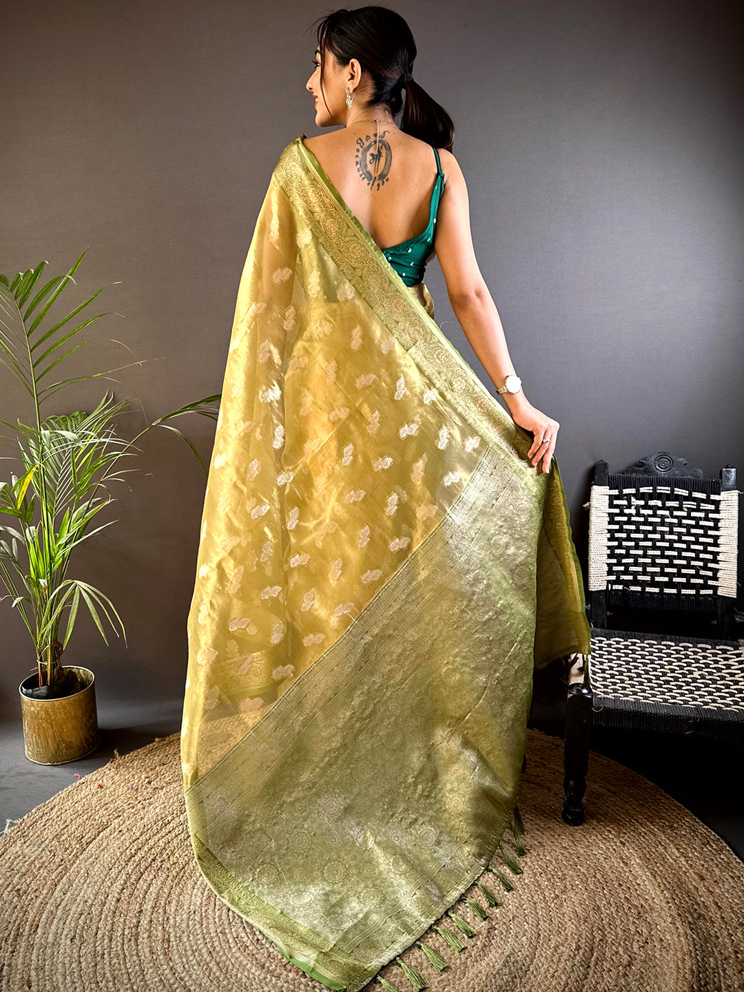 Graceful Olive Kora Tissue Saree