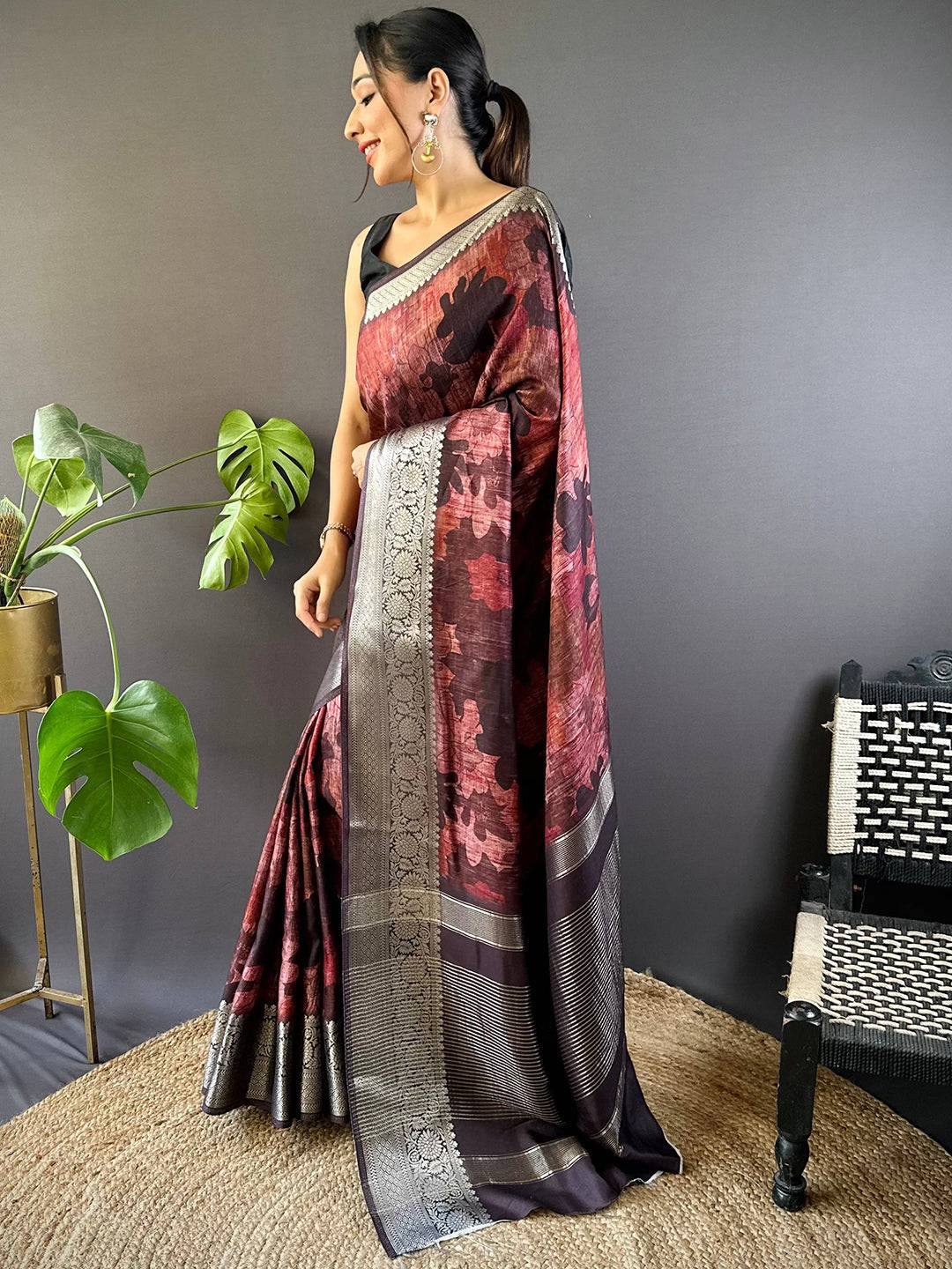 Maroon Zari Woven Floral Dola Silk Saree