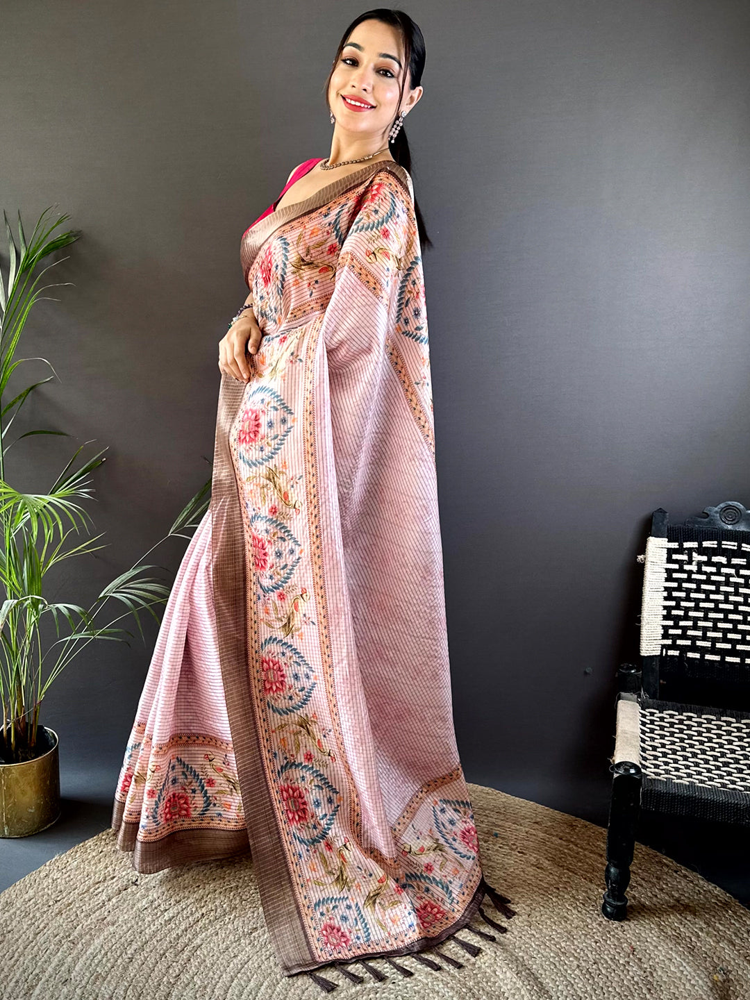 Graceful Pastel Pink Soft Silk Chex Saree