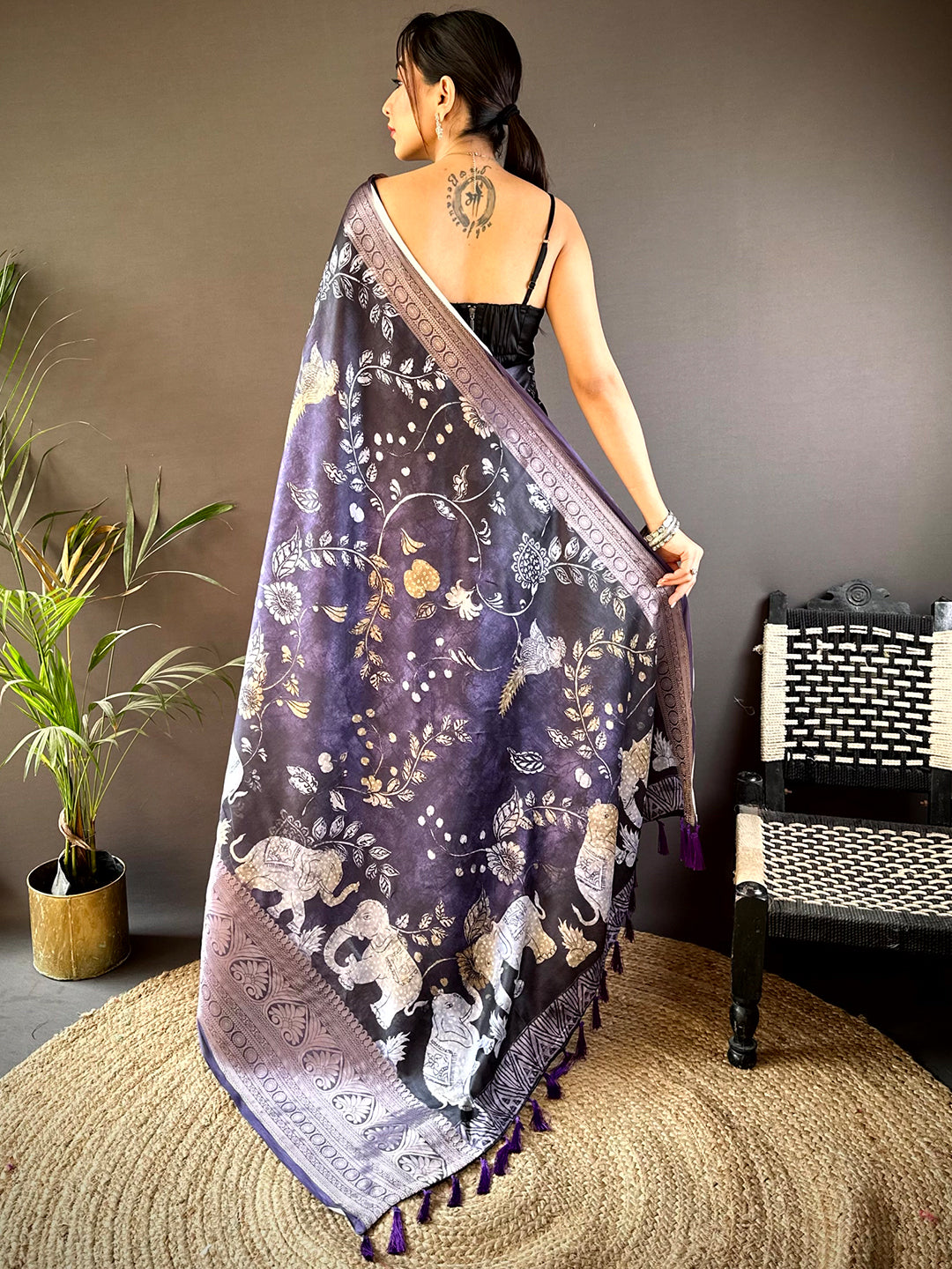 Purple Soft Silk Animal Bandhej Saree