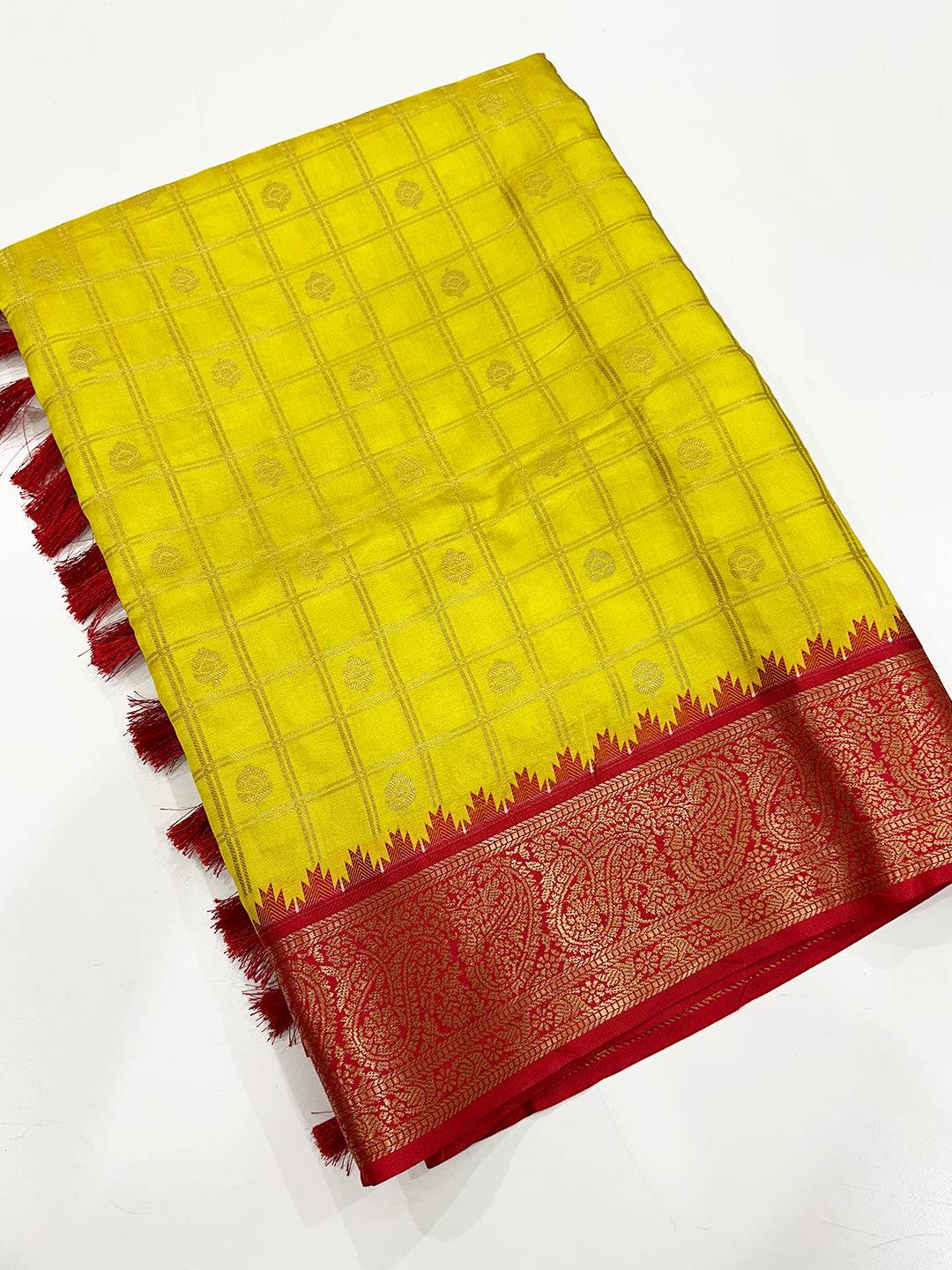 Folded Sunshine Yellow Kovai Banarasi Silk Saree with border