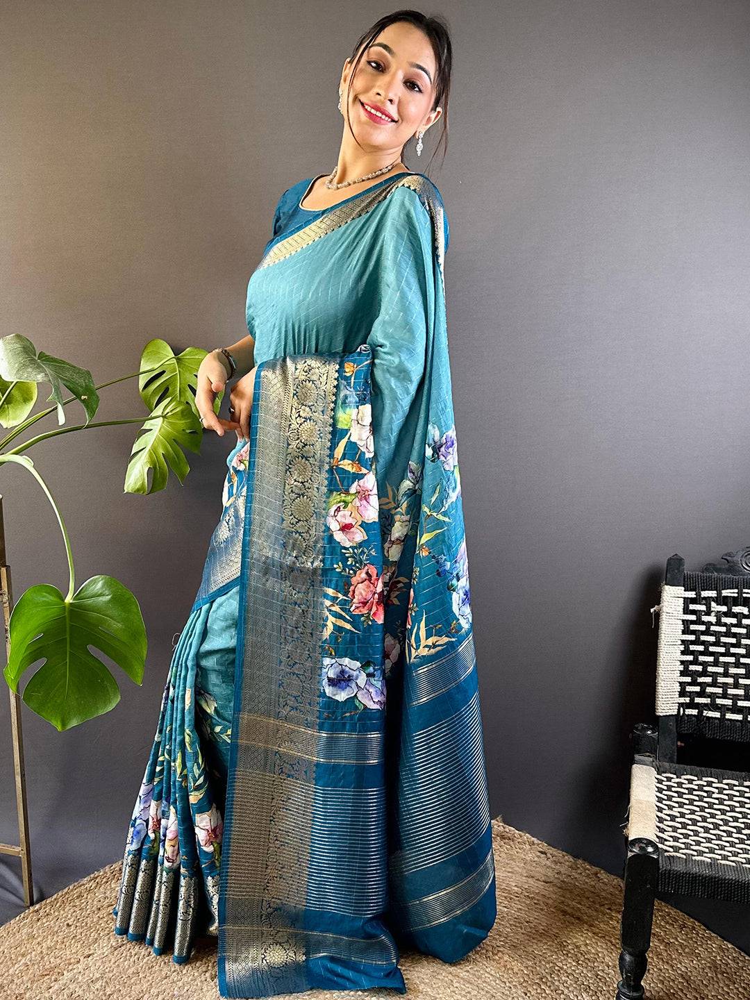 Blue Floral Zari Chex Saree