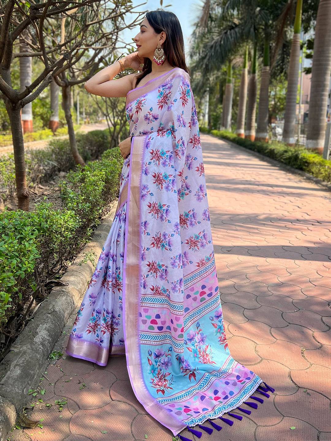 Light Purple Kota With Digital Floral Printed Saree 