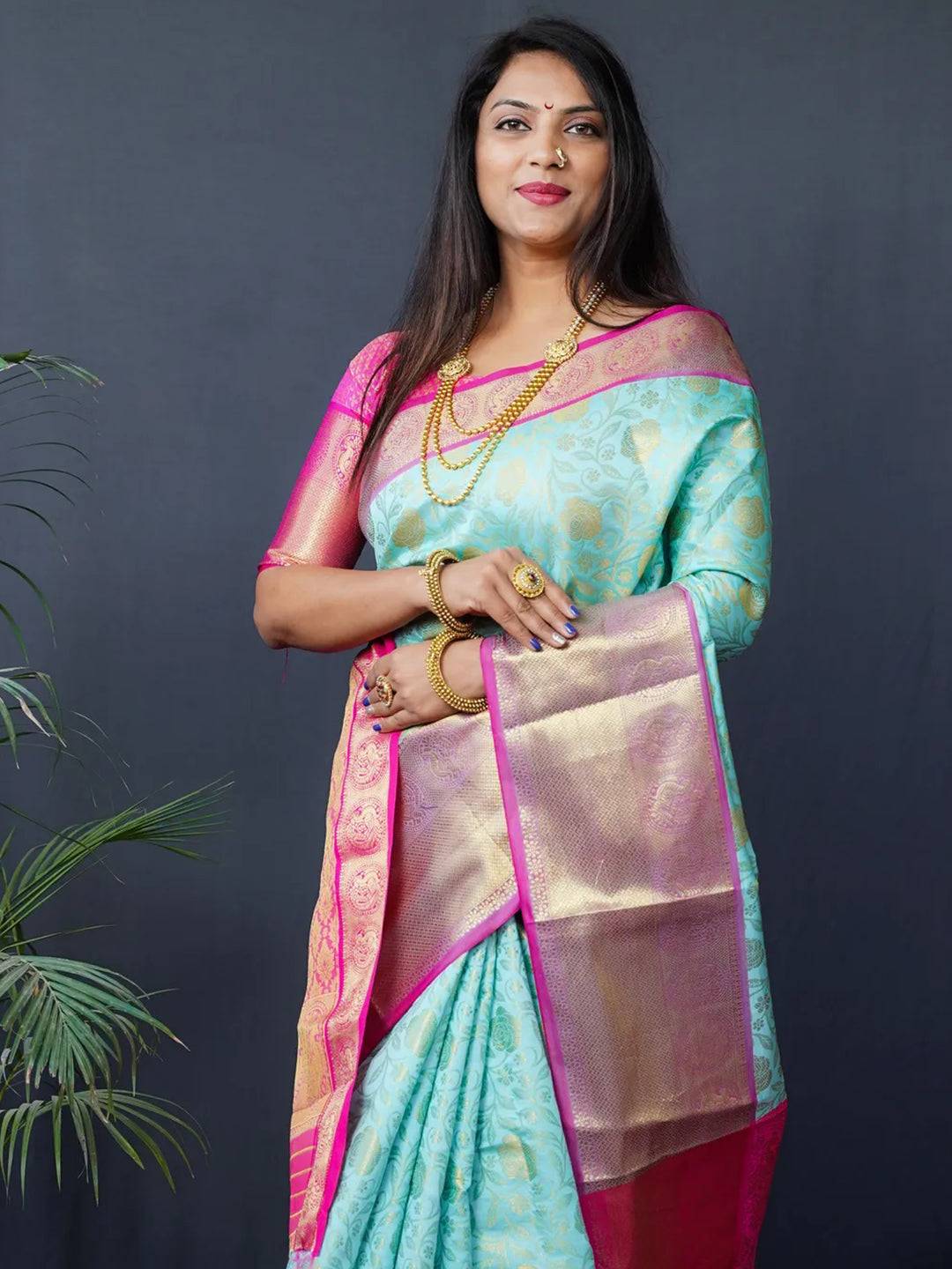 Aqua Floral Zari Banarasi Kanjivaram Silk Saree