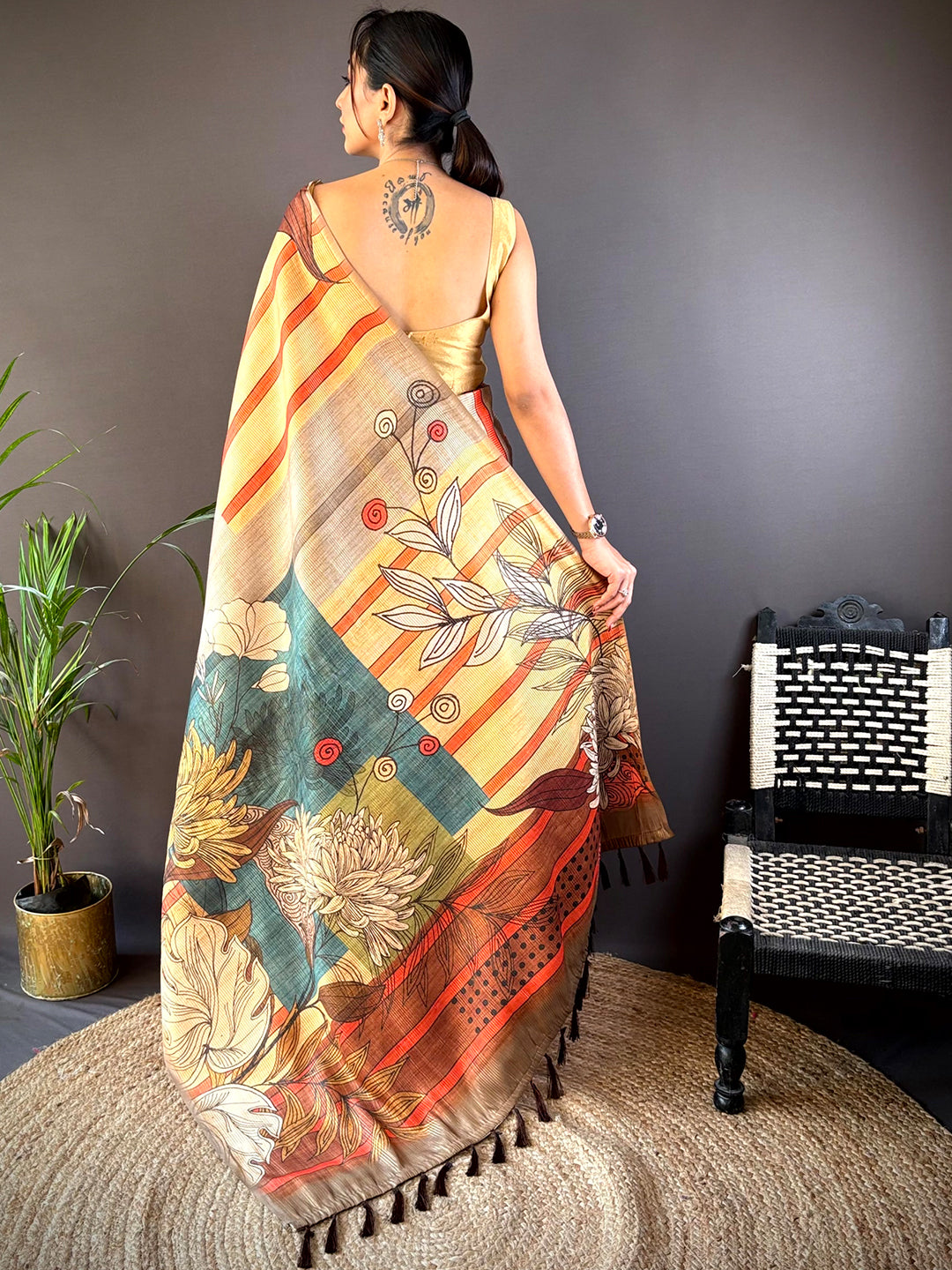 Tan Beige Tussar Silk Floral Prints Saree