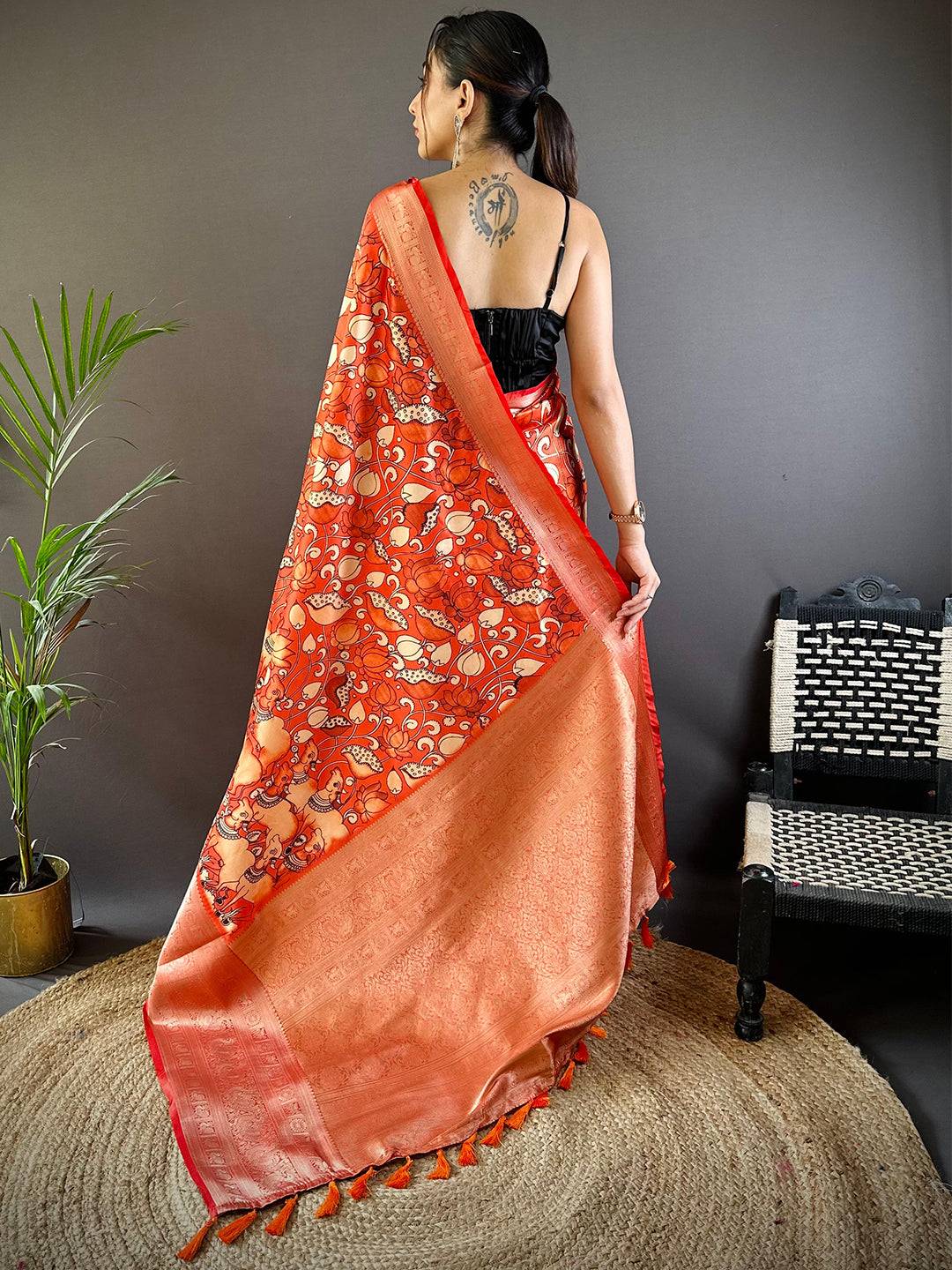 Sunset Coral Soft Silk Kalamkari Saree