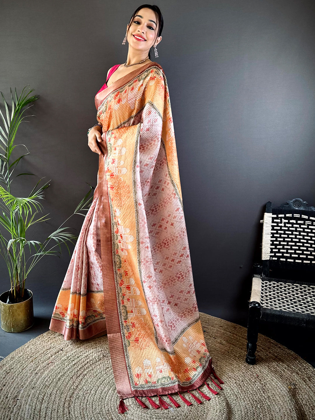 Graceful Beige Soft Silk Chex Saree