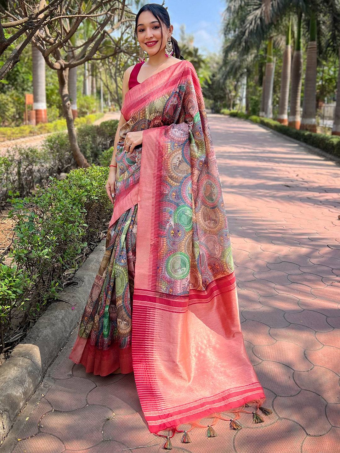 Slub Tussar Silk Madhubani Kalamkari Block Print Saree