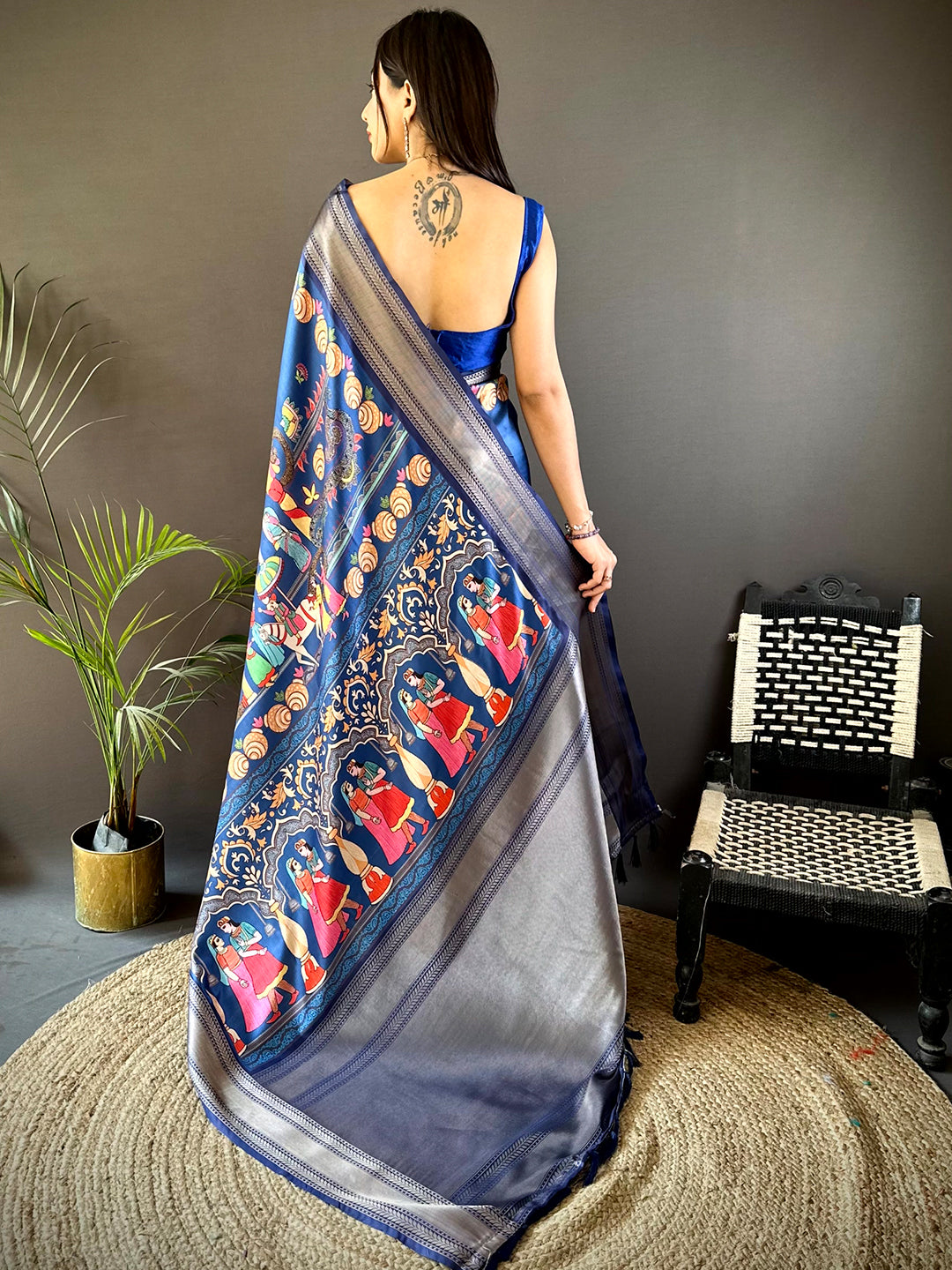 Light Blue Mughal Kalamkari Print Pashmina Saree