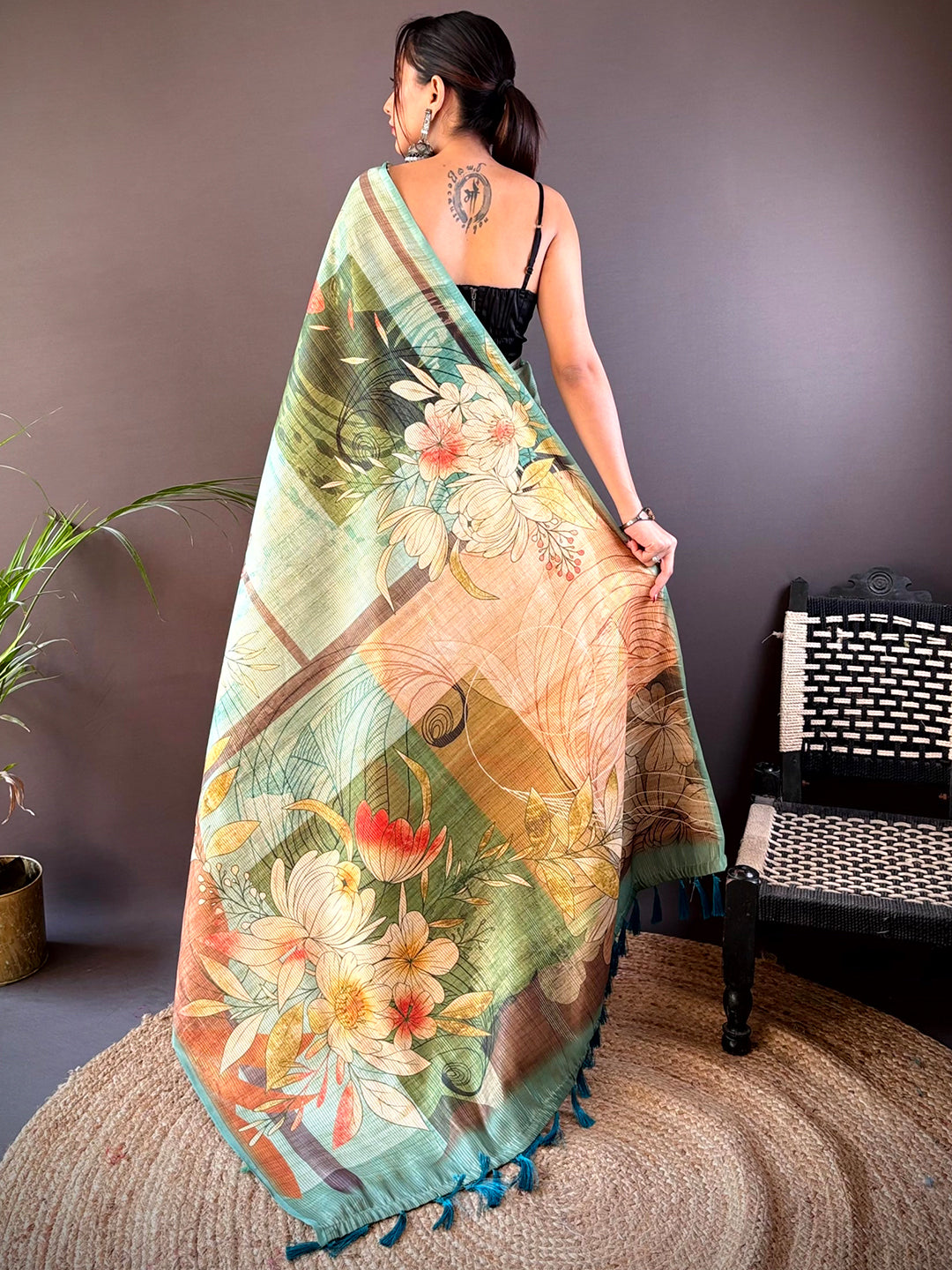 Back view of Rama Blue Zari Tussar Saree with floral pattern