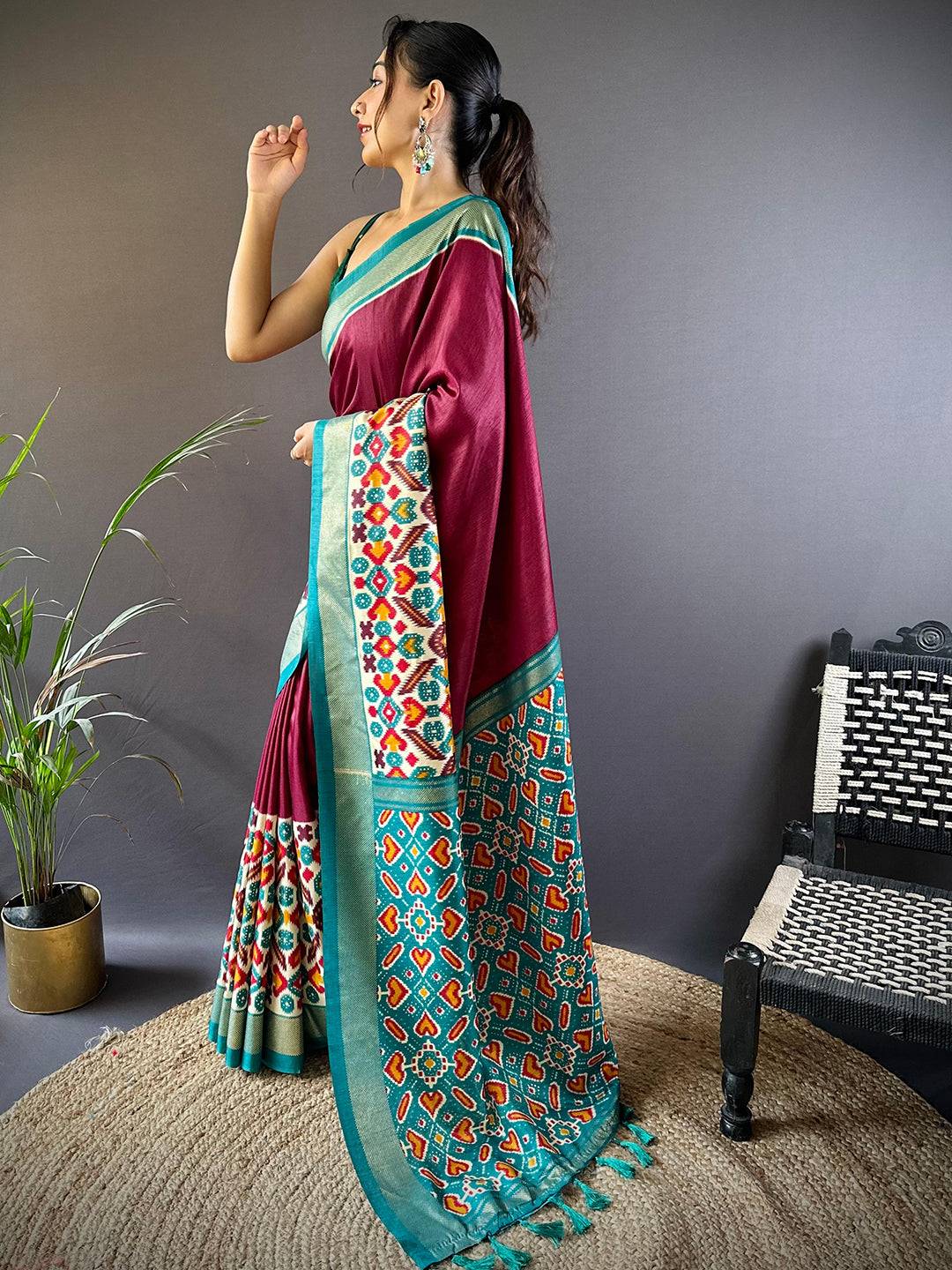 Maroon Patola Print Chanderi Saree