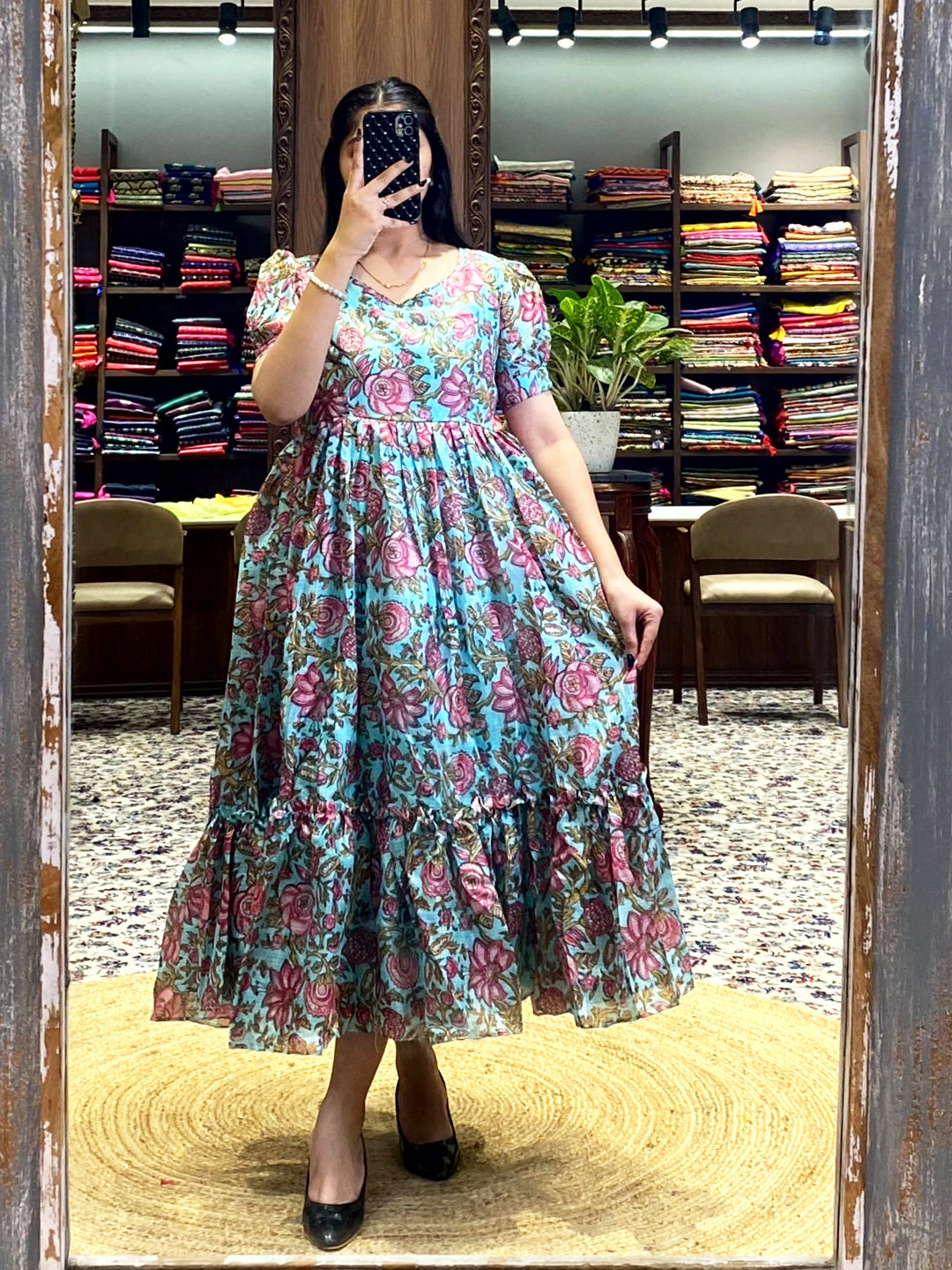 Middle Blue Floral Print Midi Dress