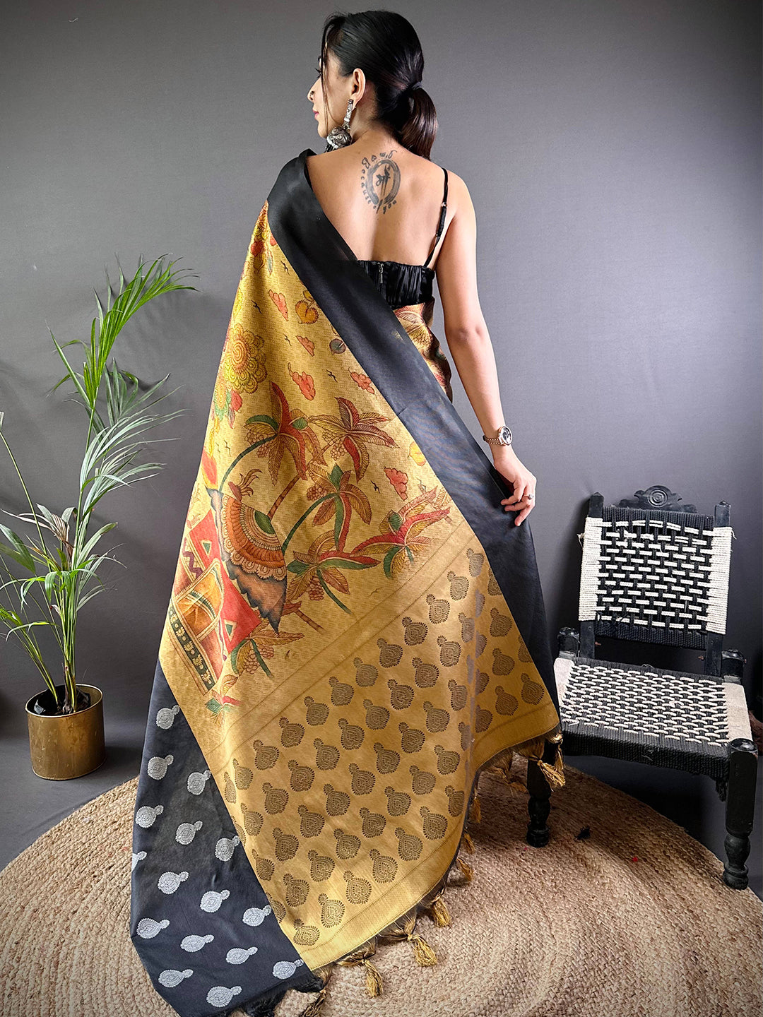 Mustard Yellow Kora Silk Kalamkari Print Saree