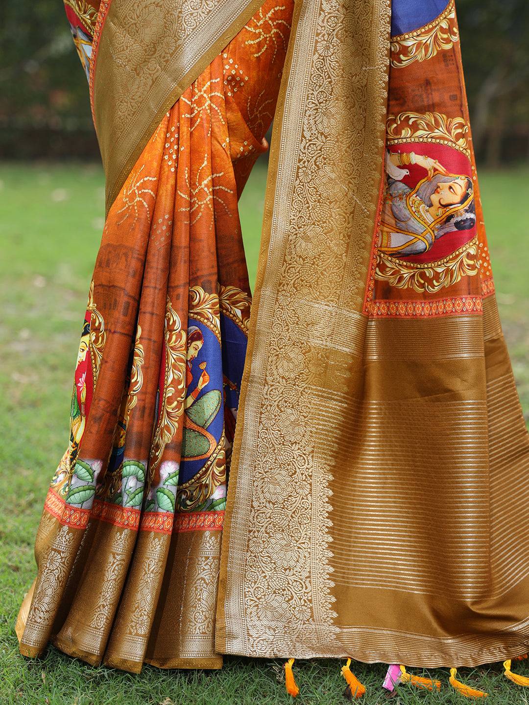 Orange Pure Viscose Dola Silk Saree with Mughal Print Saree